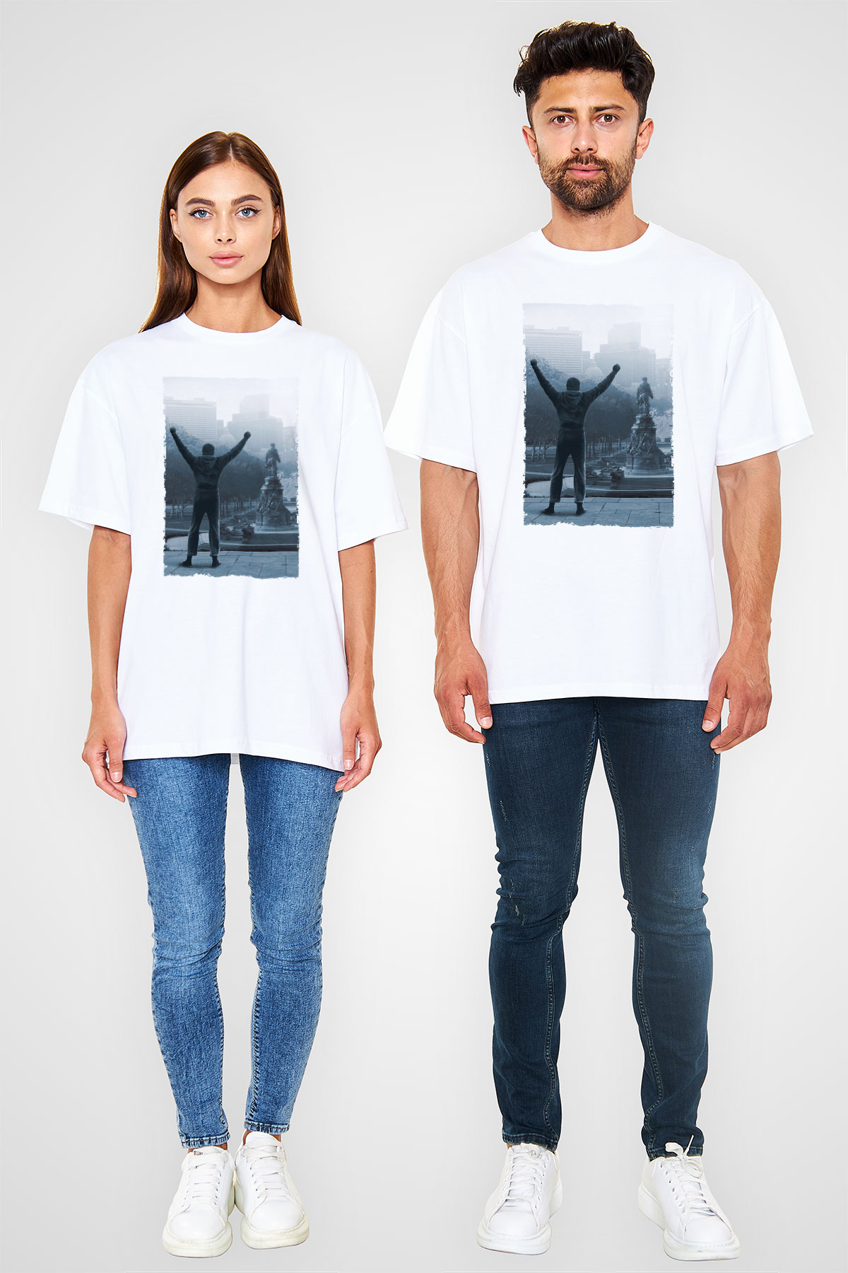 Unisex Rocky Baskılı Beyaz Oversize Oversize T-shirt
