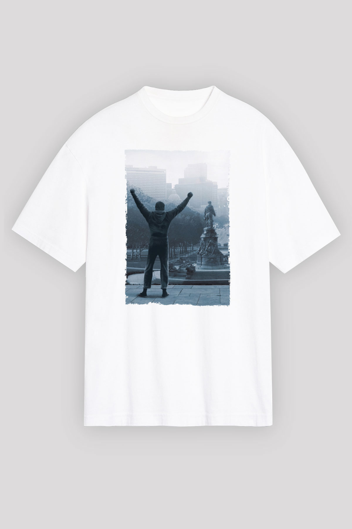Unisex Rocky Baskılı Beyaz Oversize Oversize T-shirt