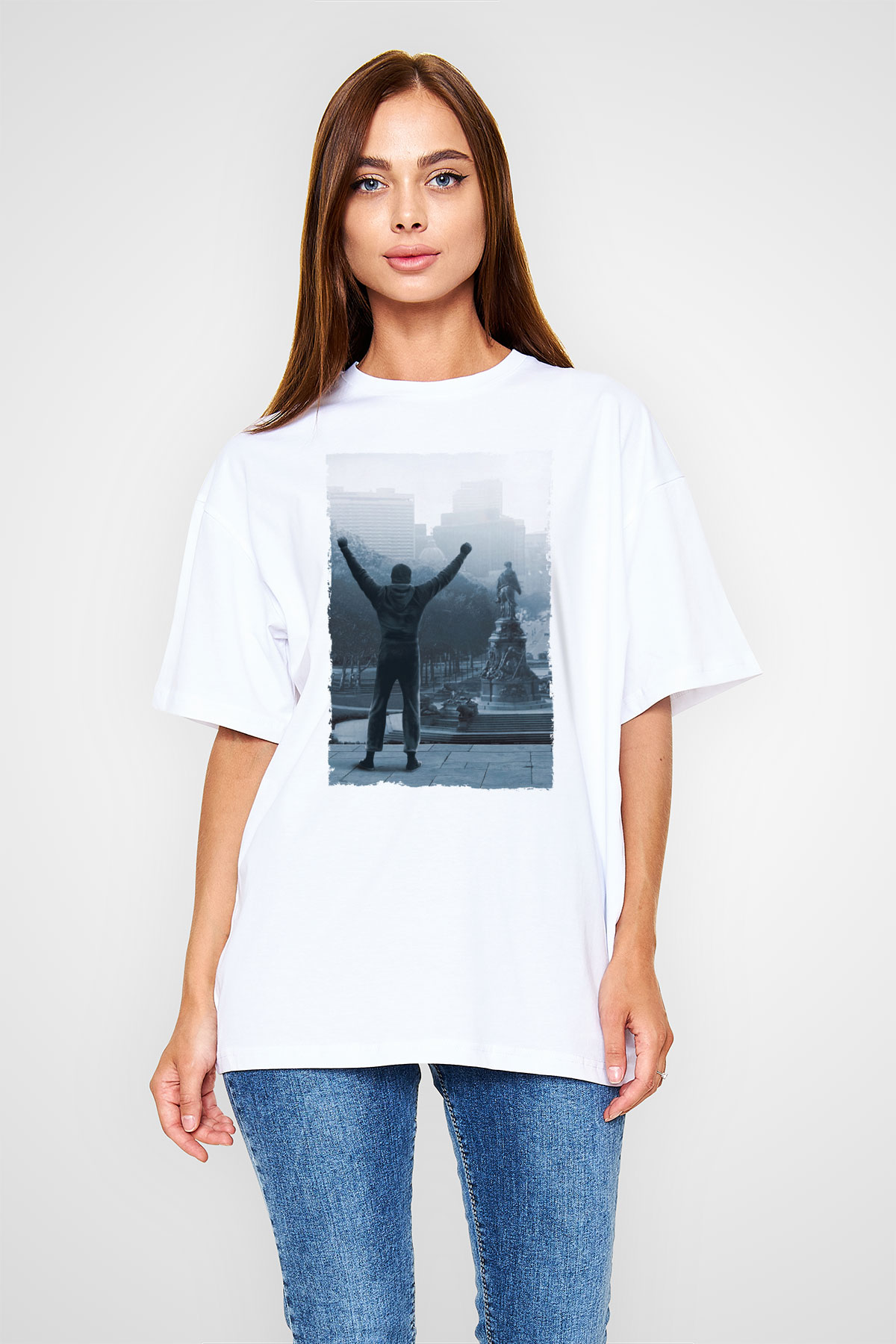 Unisex Rocky Baskılı Beyaz Oversize Oversize T-shirt