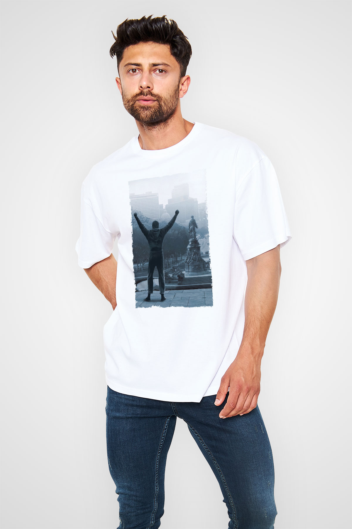 Unisex Rocky Baskılı Beyaz Oversize Oversize T-shirt