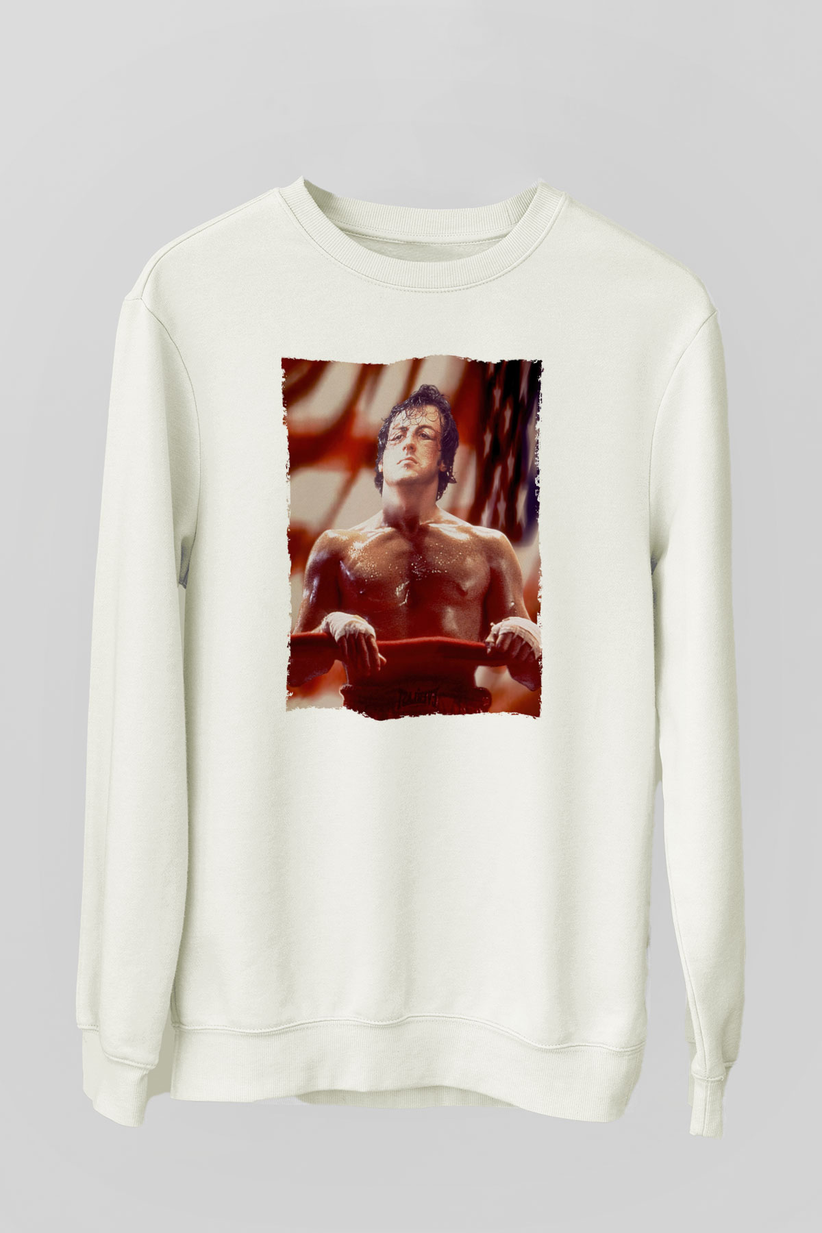 Unisex Rocky Baskılı Beyaz Sweatshirt