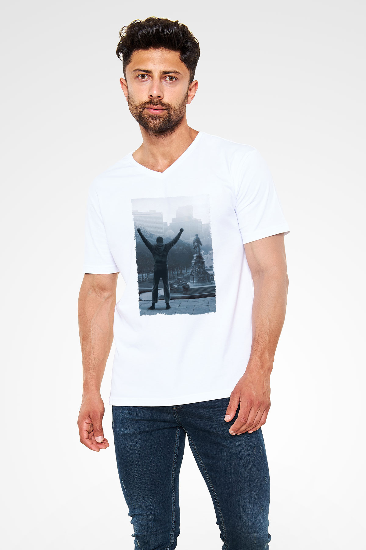 Unisex Rocky Baskılı Beyaz V Yaka Tshirt