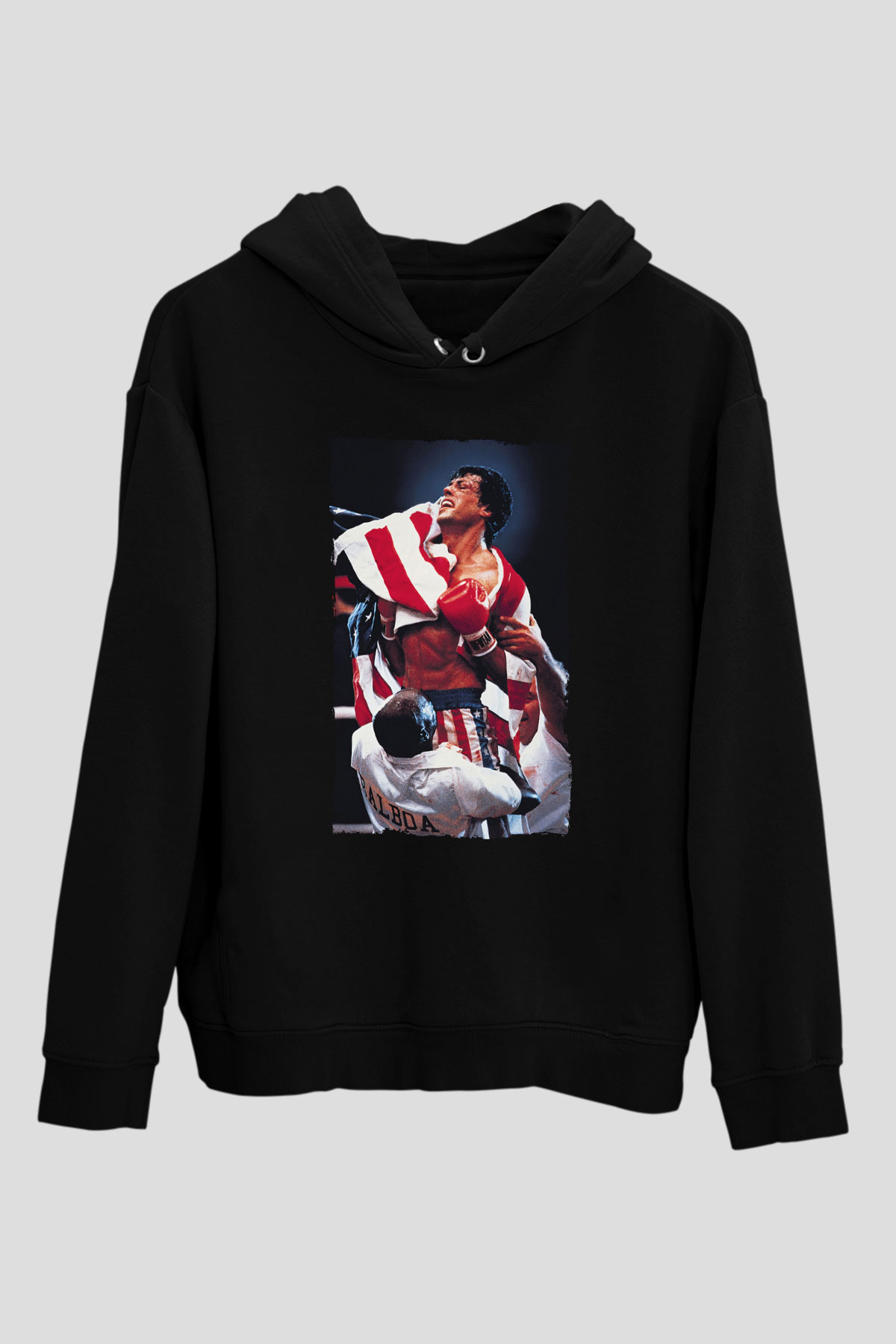Unisex Rocky IV Baskılı Siyah Kapüşonlu Sweatshirt