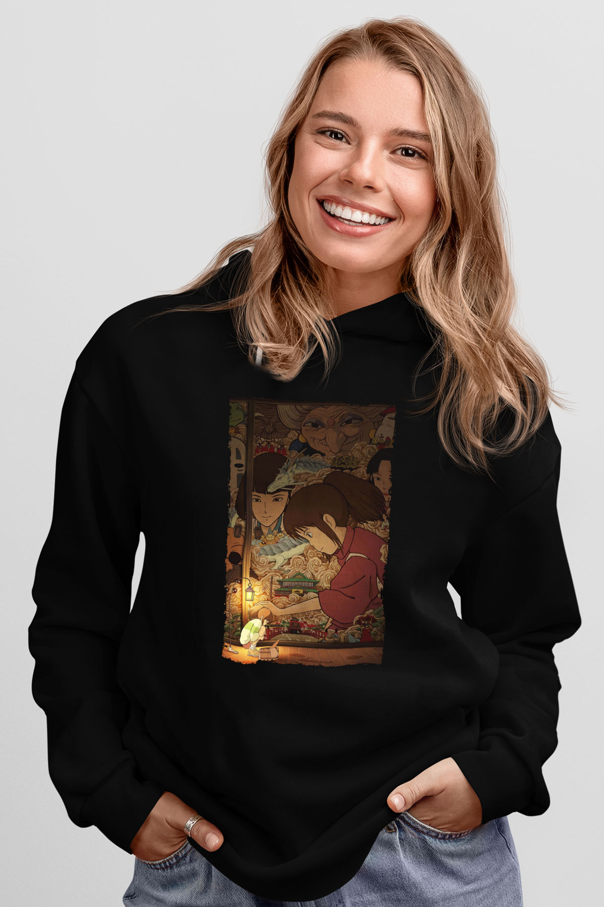 Unisex Ruhların Kaçışı (Spirited Away) Baskılı Siyah Kapüşonlu Sweatshirt