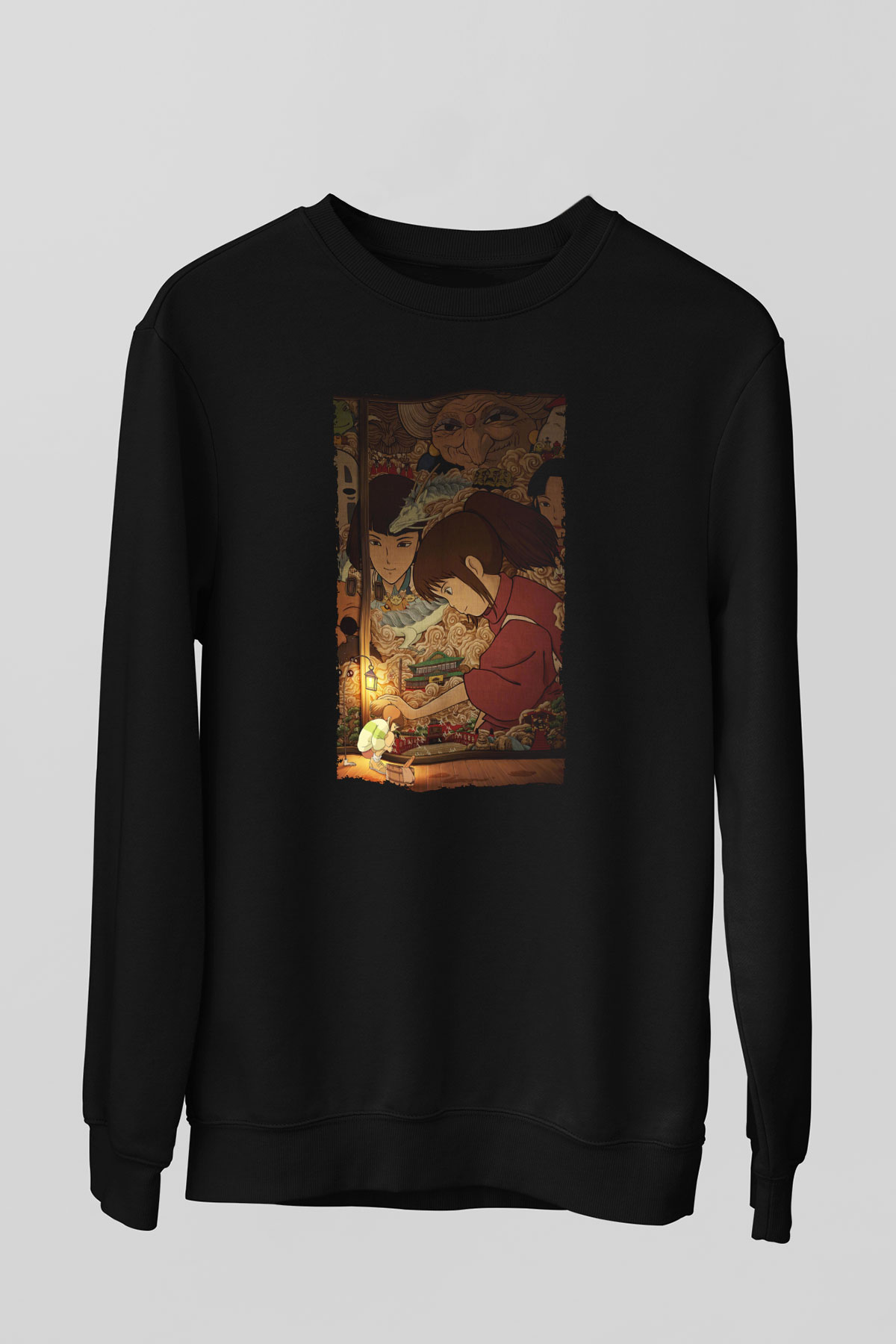 Unisex Ruhların Kaçışı (Spirited Away) Baskılı Siyah Sweatshirt