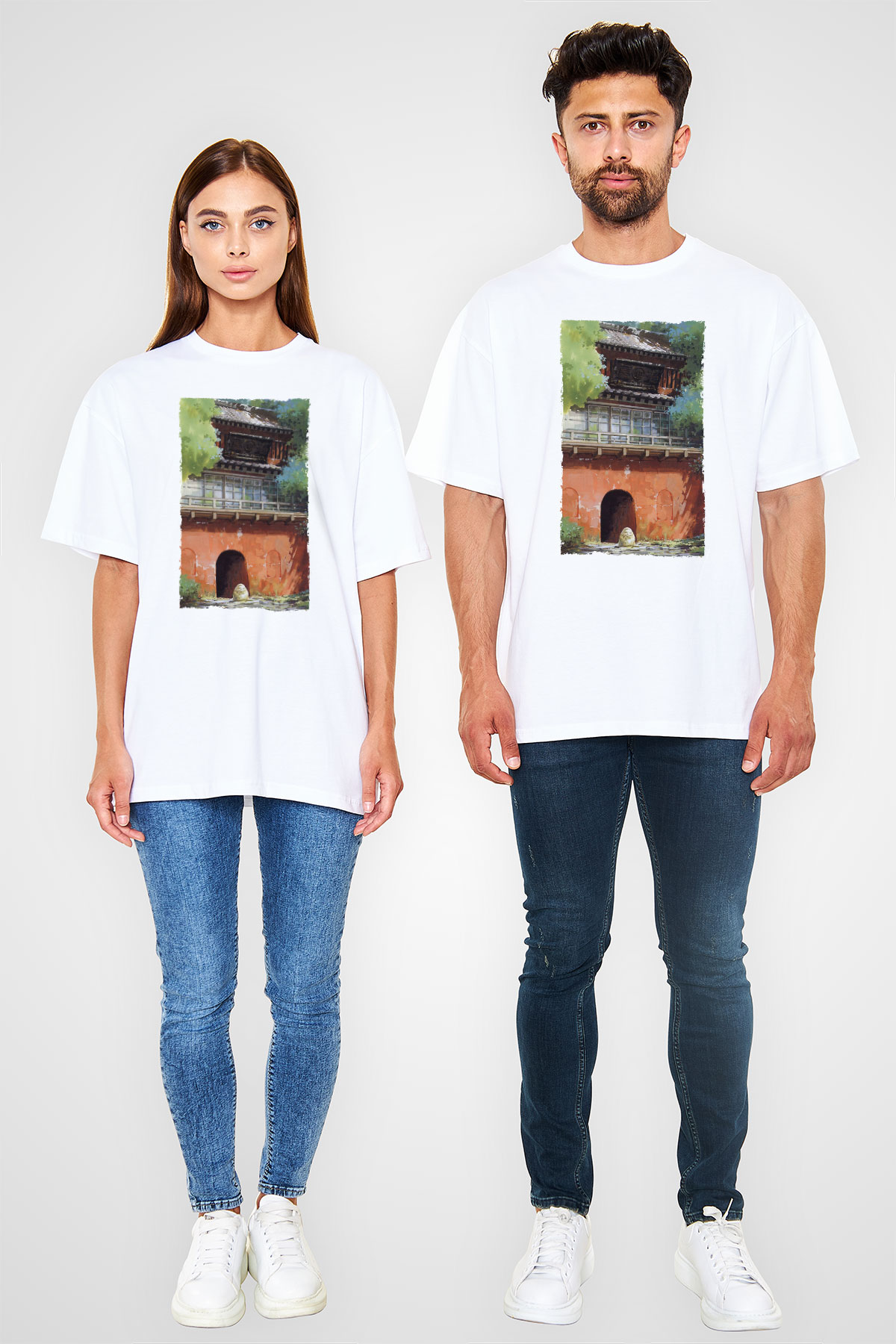 Unisex Ruhların Kaçışı (Spirited Away) Baskılı Beyaz Oversize Oversize T-shirt