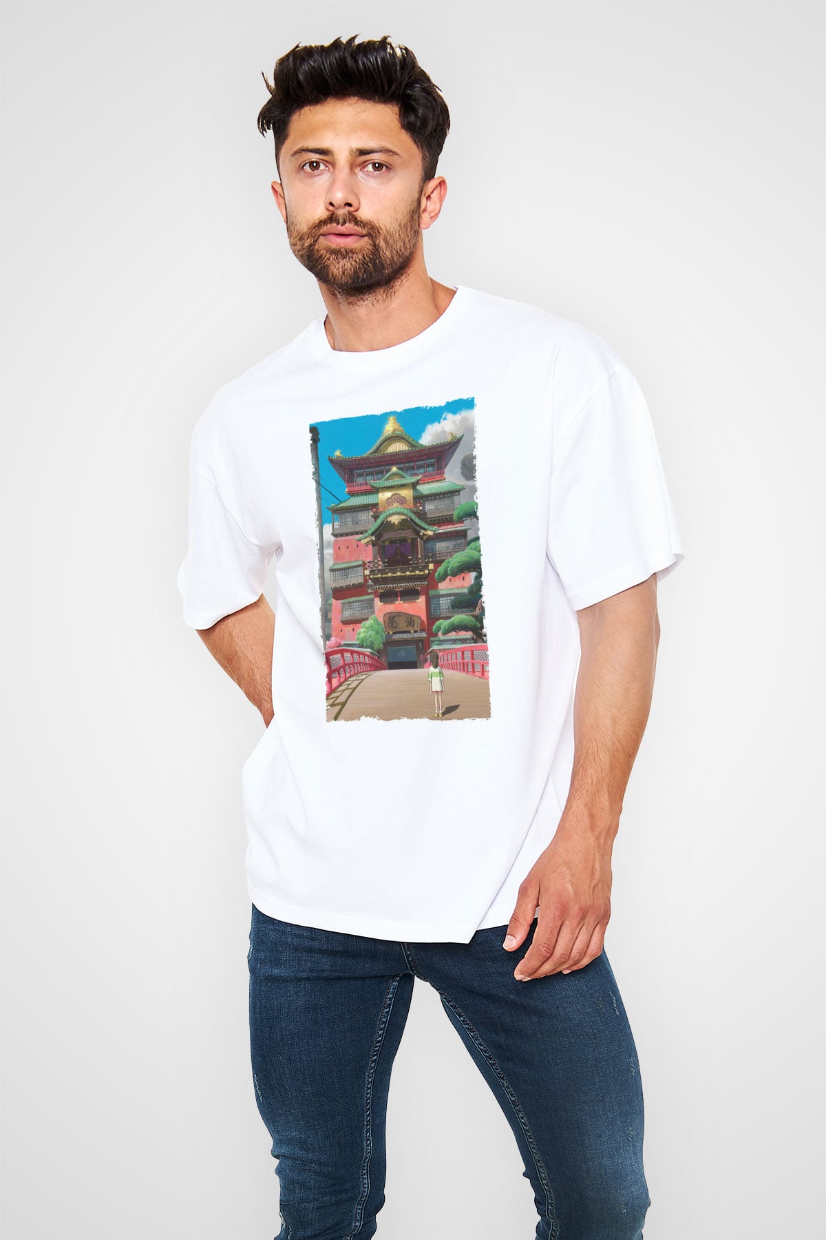 Unisex Ruhların Kaçışı (Spirited Away) Baskılı Beyaz Oversize T-shirt