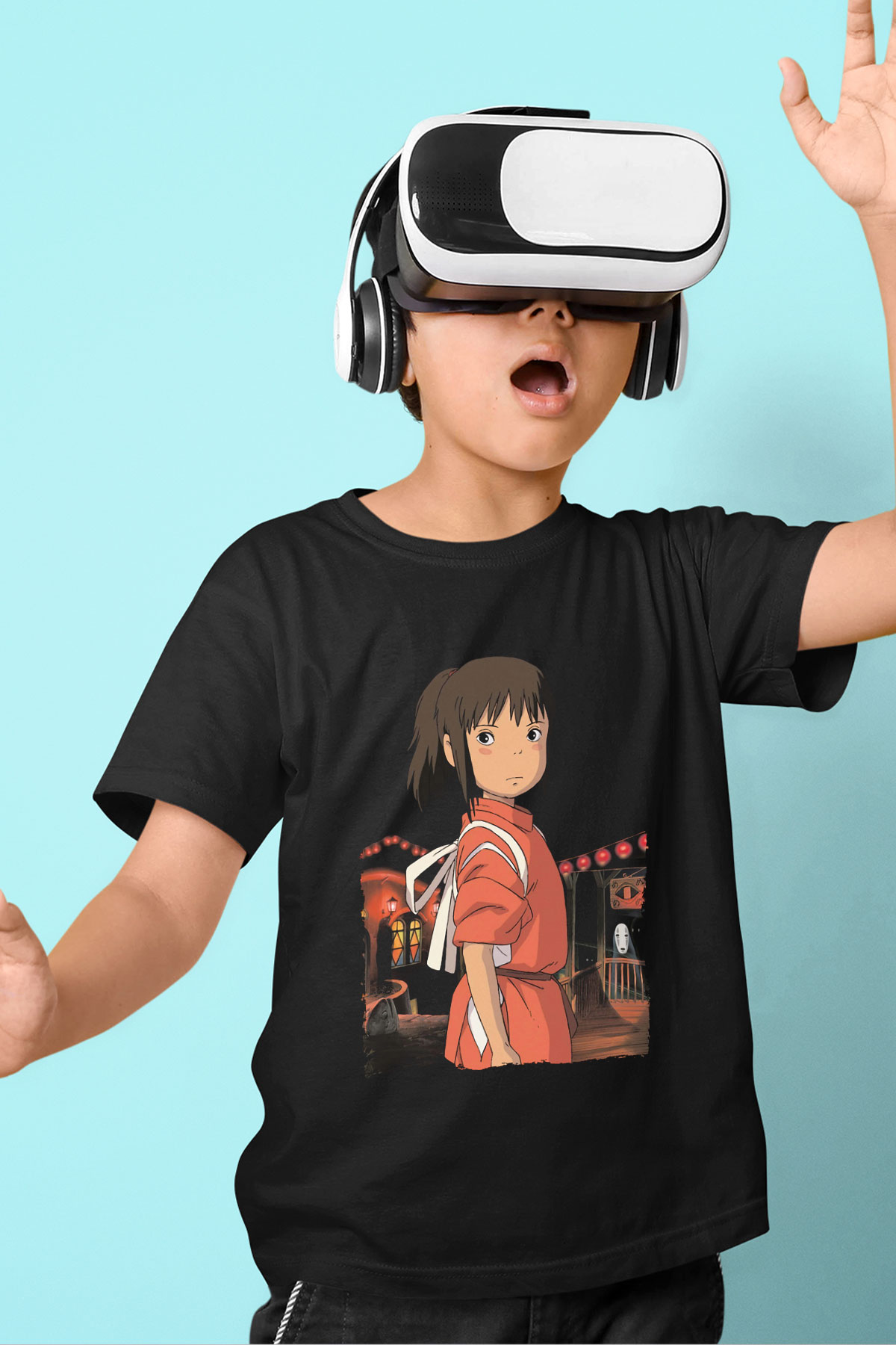 Unisex Ruhların Kaçışı (Spirited Away) Baskılı Siyah Çocuk Tişört