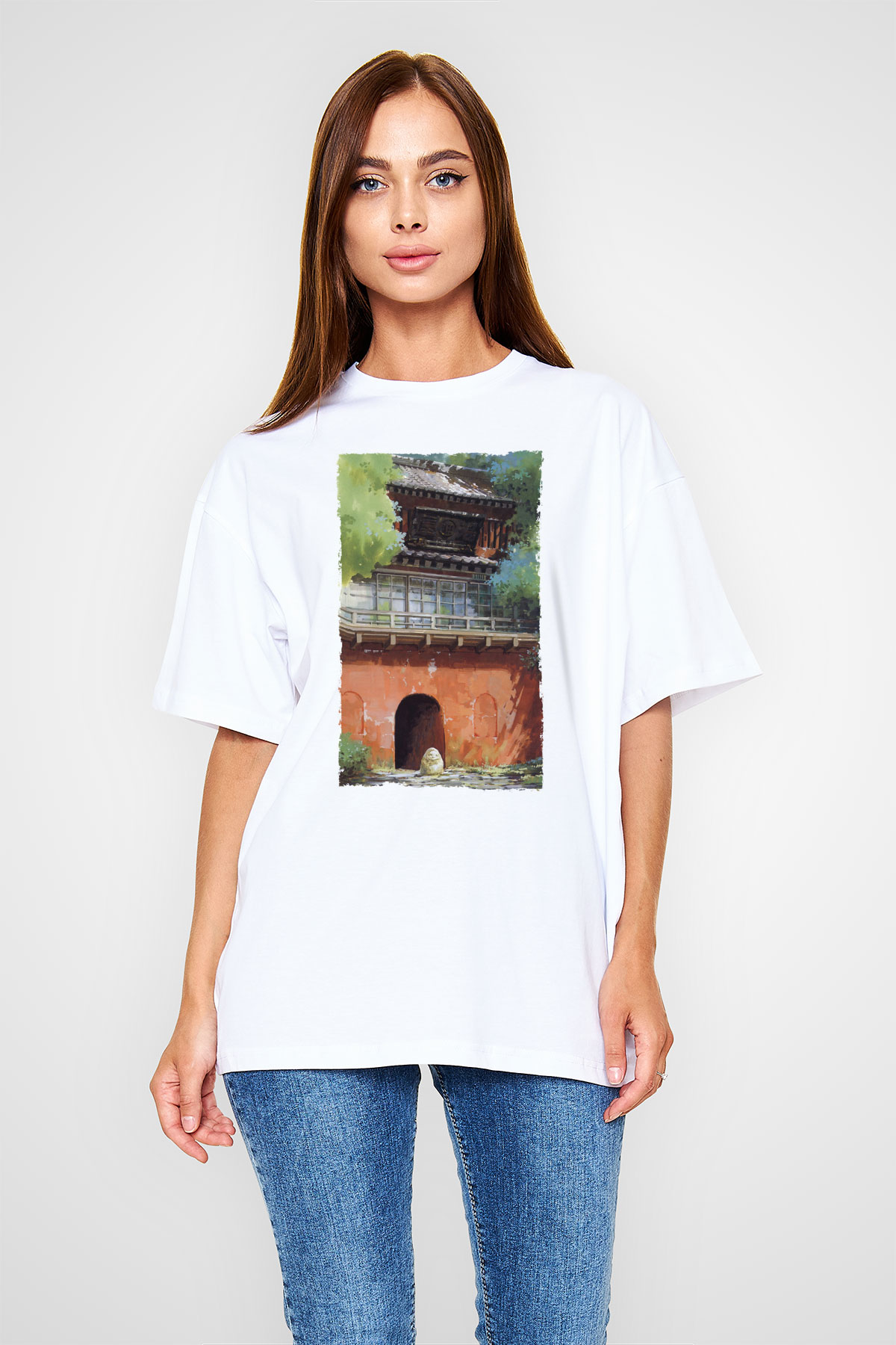 Unisex Ruhların Kaçışı (Spirited Away) Baskılı Beyaz Oversize Oversize T-shirt