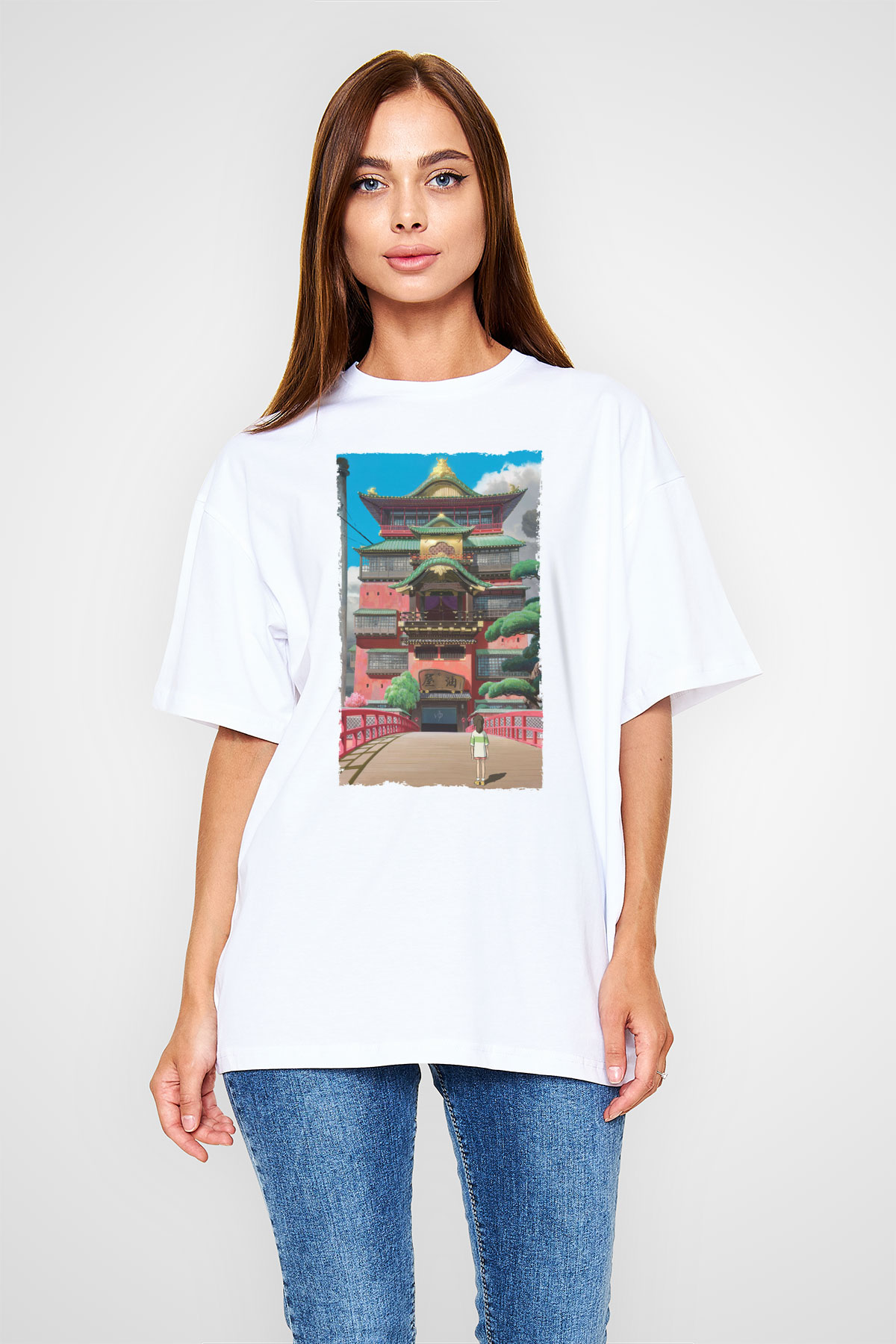 Unisex Ruhların Kaçışı (Spirited Away) Baskılı Beyaz Oversize T-shirt