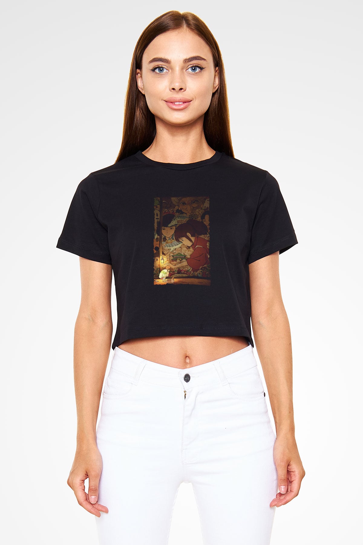 Unisex Ruhların Kaçışı (Spirited Away) Baskılı Siyah Crop Top T-shirt