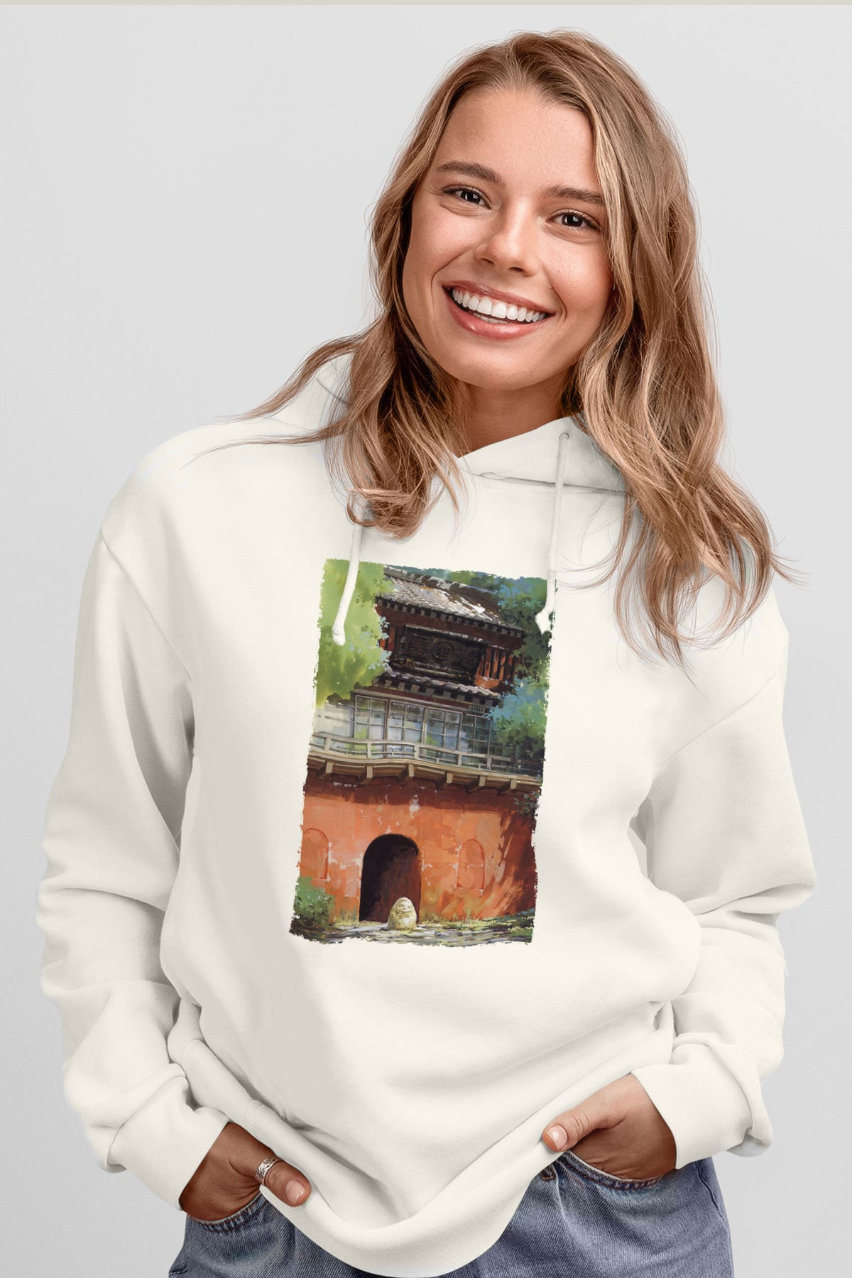 Unisex Ruhların Kaçışı (Spirited Away) Baskılı Beyaz Kapüşonlu Sweatshirt