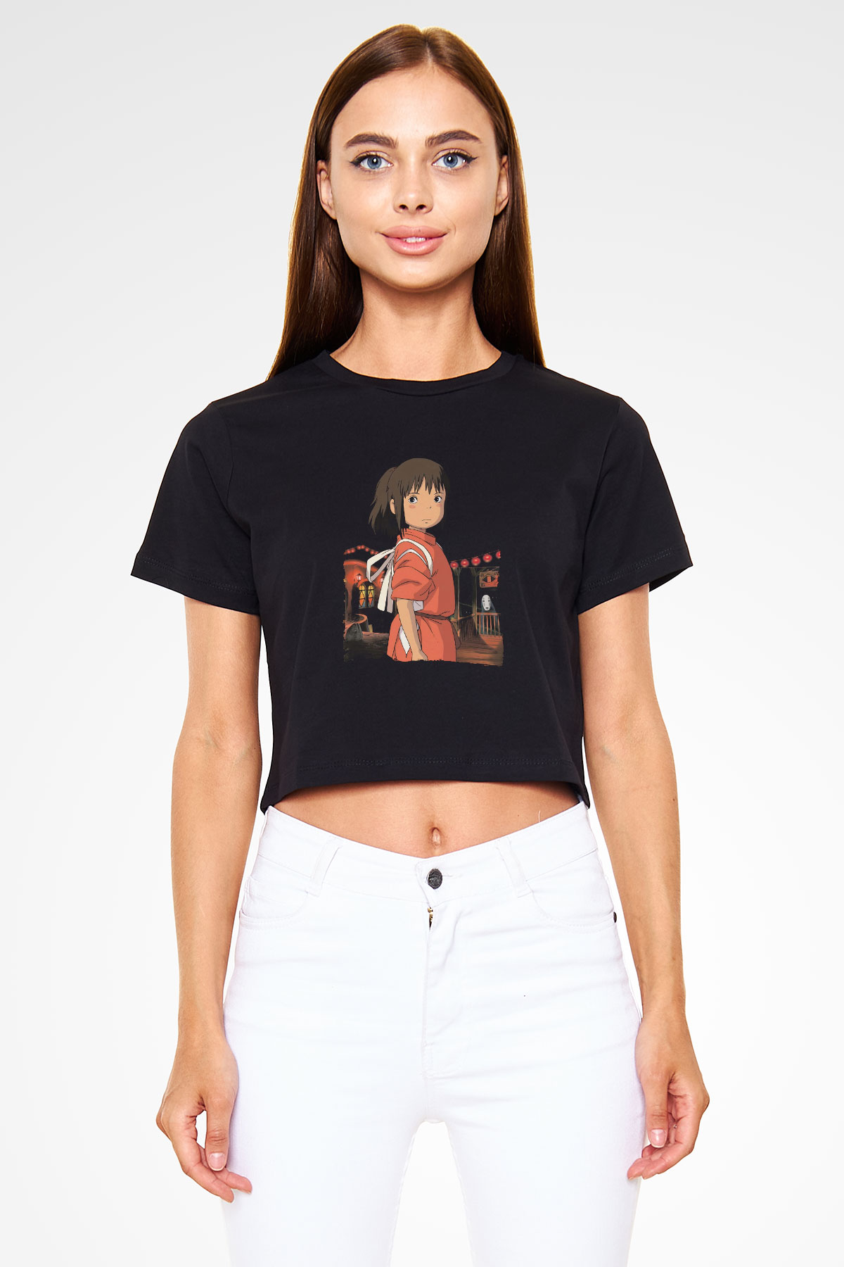 Unisex Ruhların Kaçışı (Spirited Away) Baskılı Siyah Crop Top Tişört
