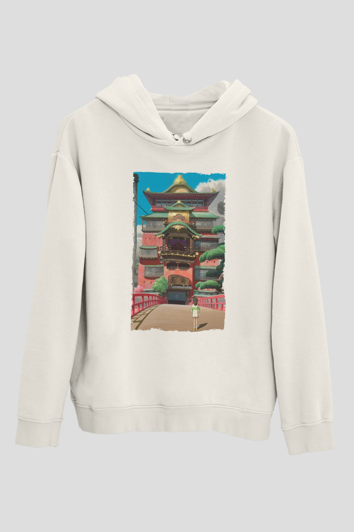 Unisex Ruhların Kaçışı (Spirited Away) Baskılı Beyaz Kapüşonlu Sweatshirt
