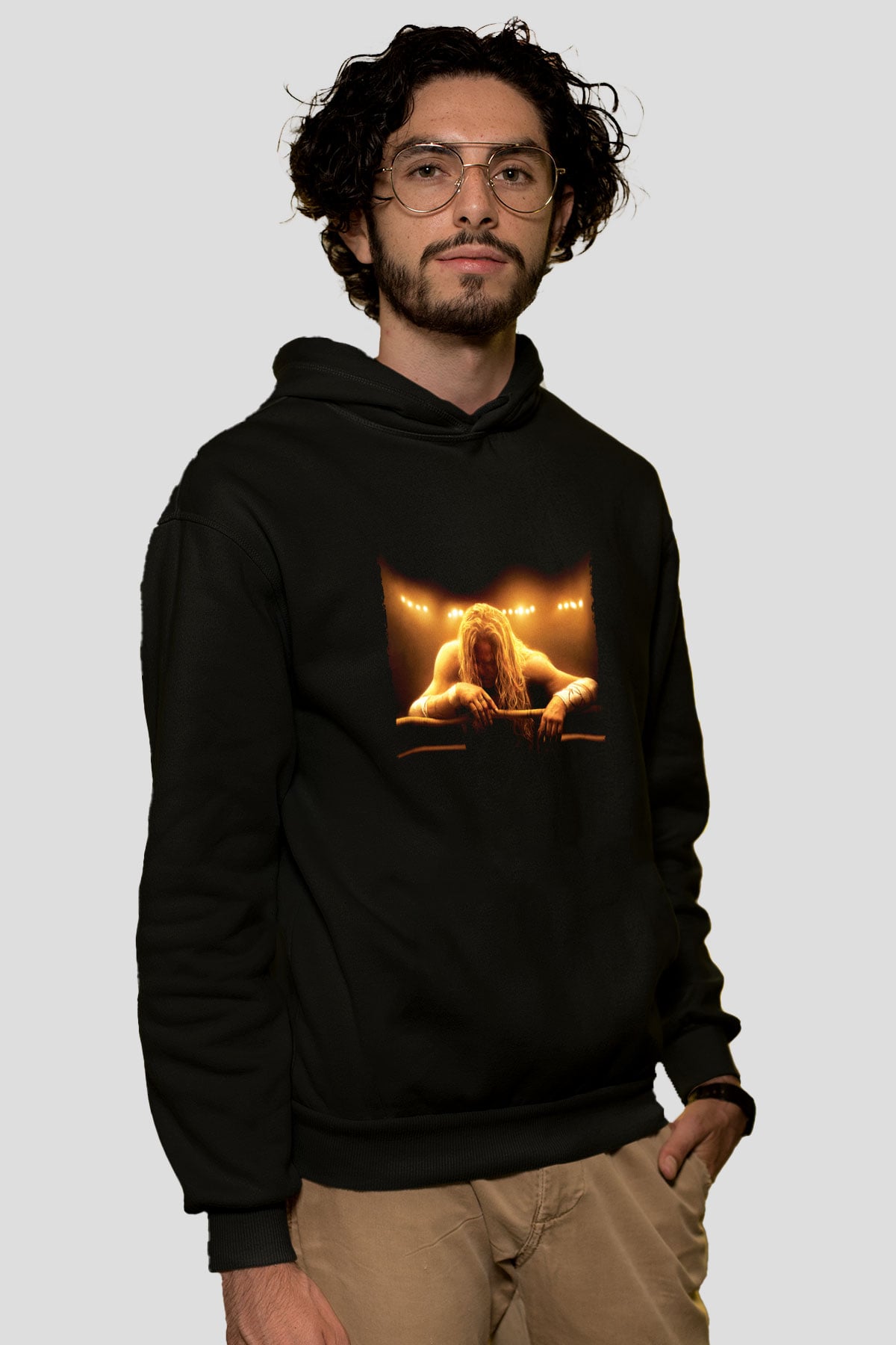 Unisex Şampiyon (The Wrestler) Baskılı Siyah Kapüşonlu Sweatshirt