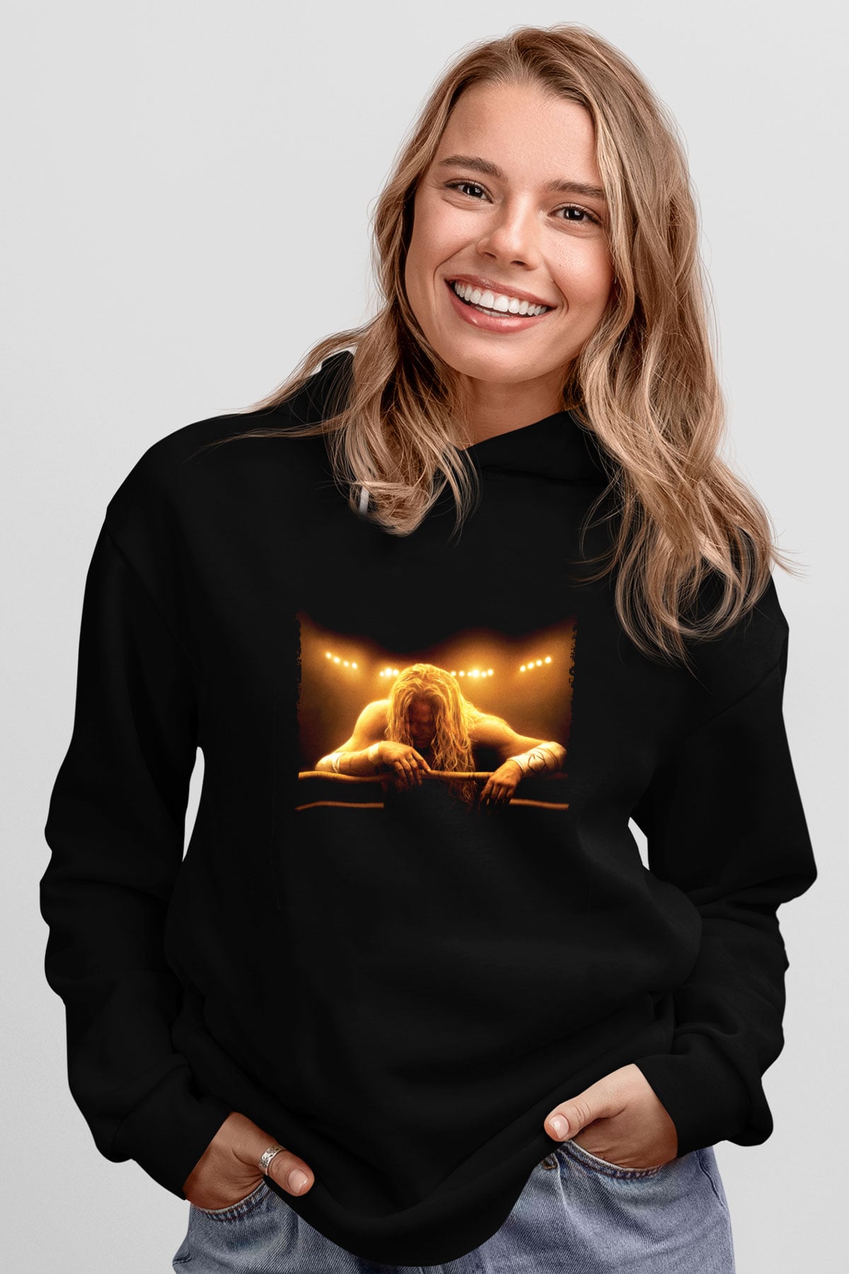 Unisex Şampiyon (The Wrestler) Baskılı Siyah Kapüşonlu Sweatshirt