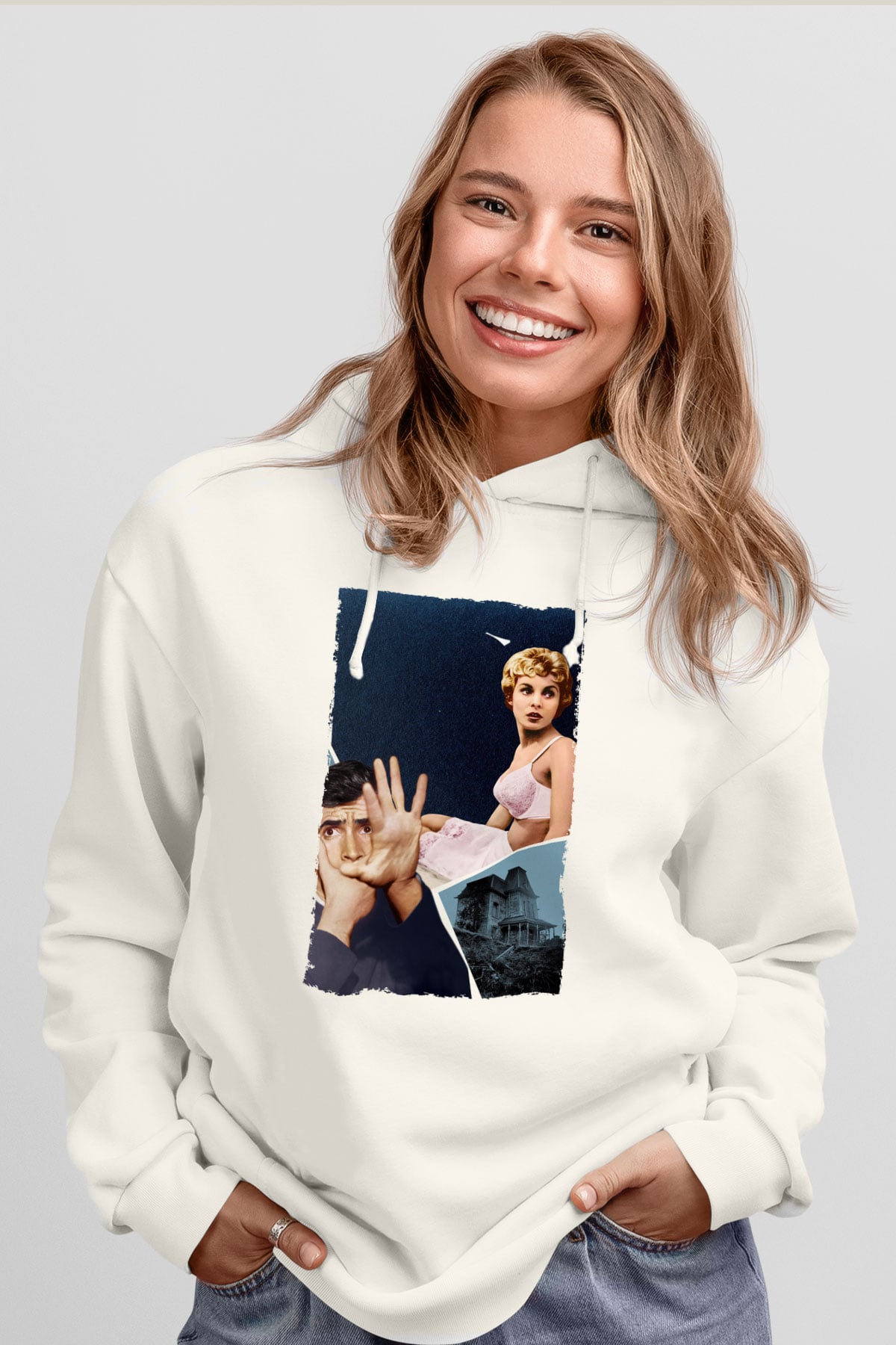 Unisex Sapık (Psycho) Baskılı Beyaz Kapüşonlu Sweatshirt