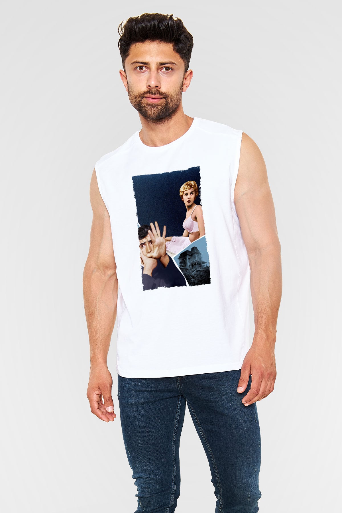 Unisex Sapık (Psycho) Baskılı Beyaz Kolsuz Tişört