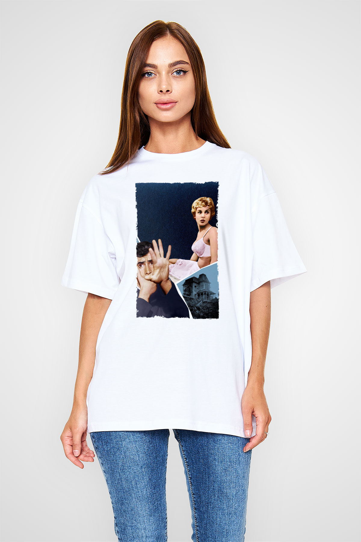 Unisex Sapık (Psycho) Baskılı Beyaz Oversize Tişört