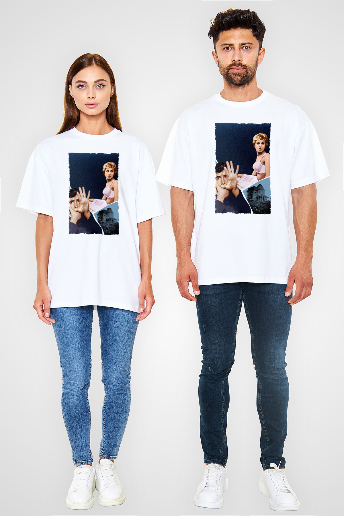 Unisex Sapık (Psycho) Baskılı Beyaz Oversize Tişört