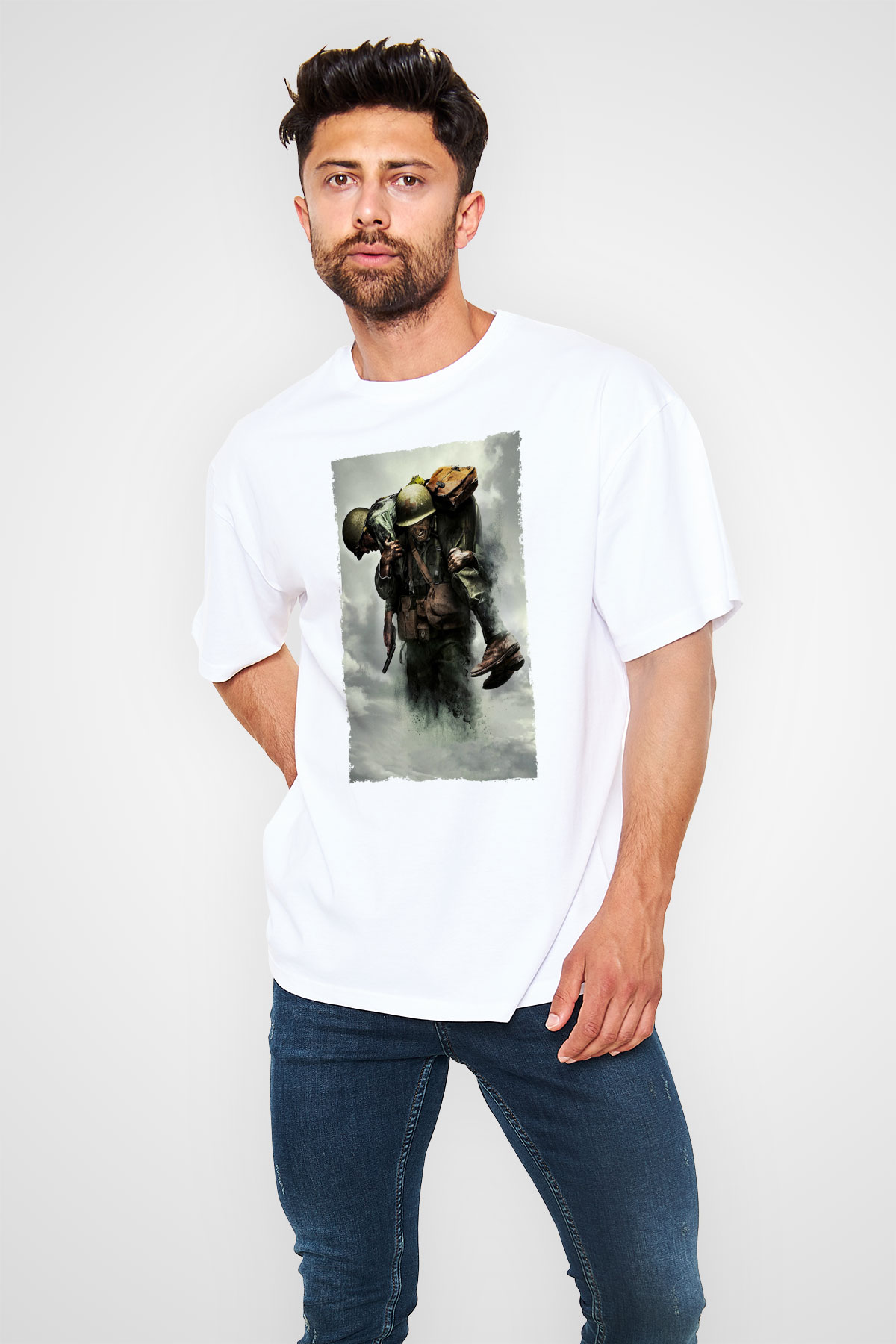 Unisex Savaş Vadisi (Hacksaw Ridge) Baskılı Beyaz Oversize Tişört