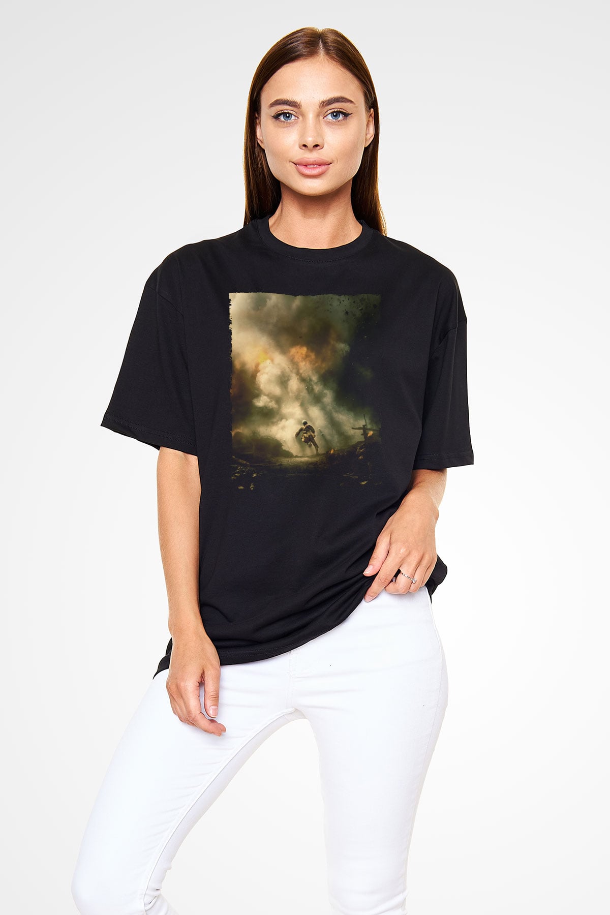 Unisex Savaş Vadisi (Hacksaw Ridge) Baskılı Siyah Oversize Tişört