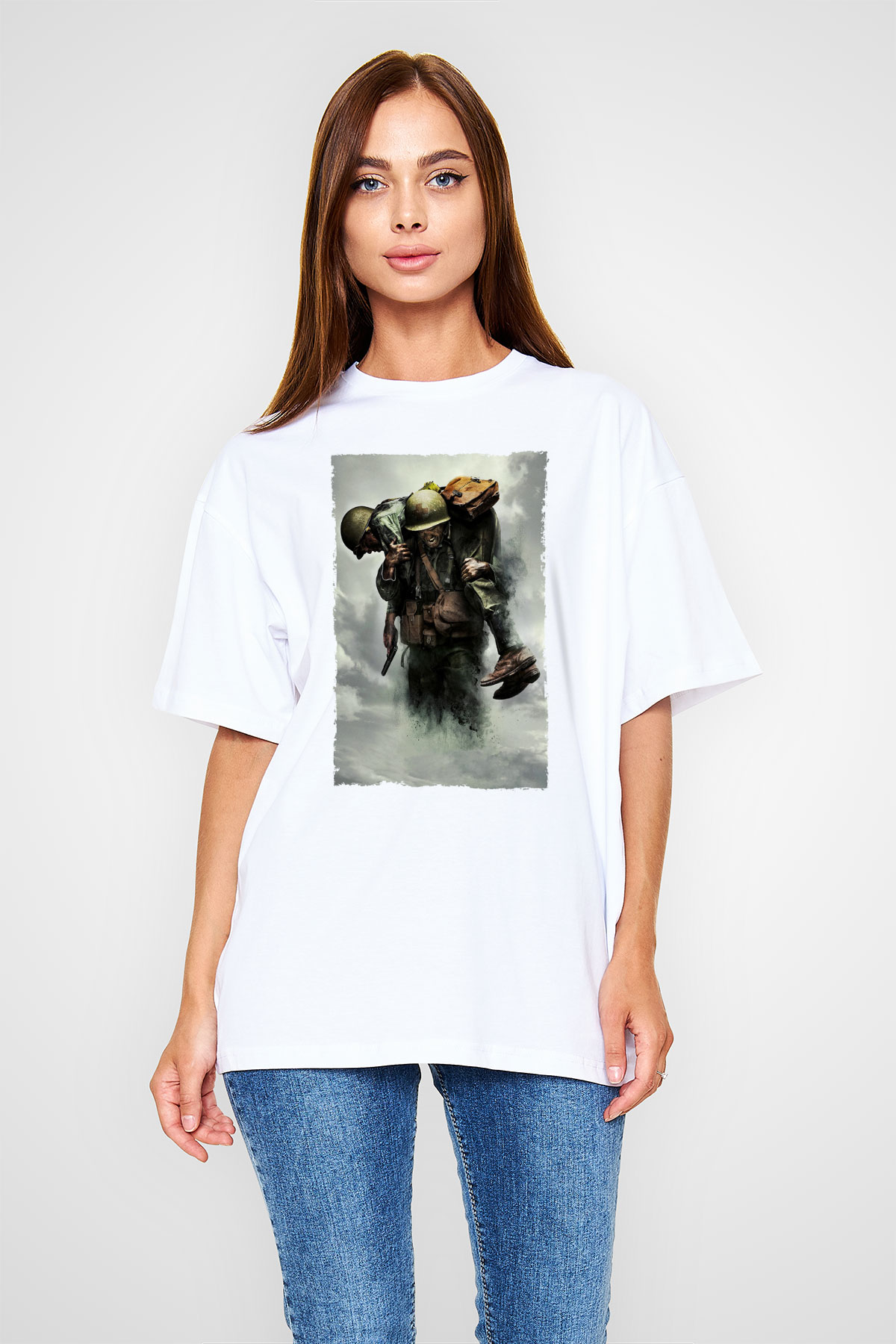 Unisex Savaş Vadisi (Hacksaw Ridge) Baskılı Beyaz Oversize Tişört