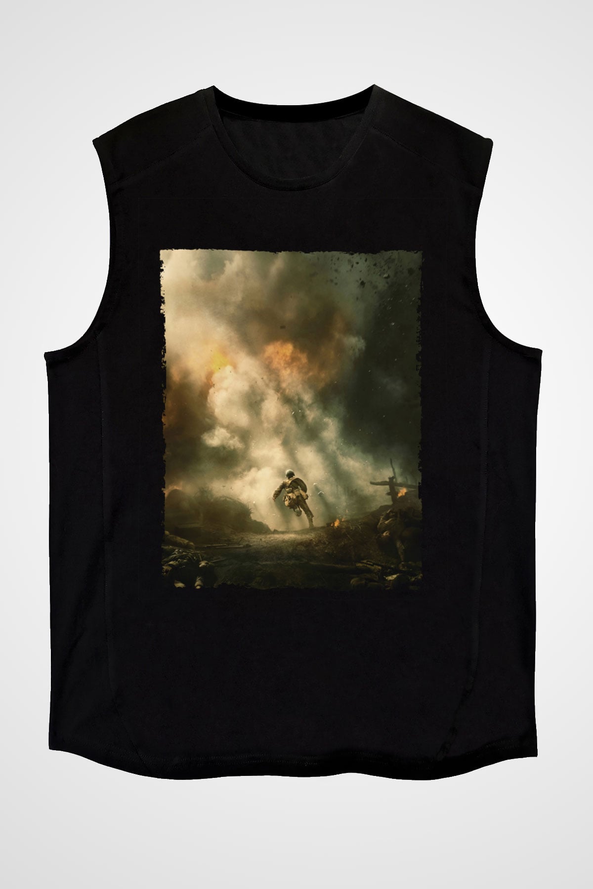 Unisex Savaş Vadisi (Hacksaw Ridge) Baskılı Siyah Kolsuz Tişört
