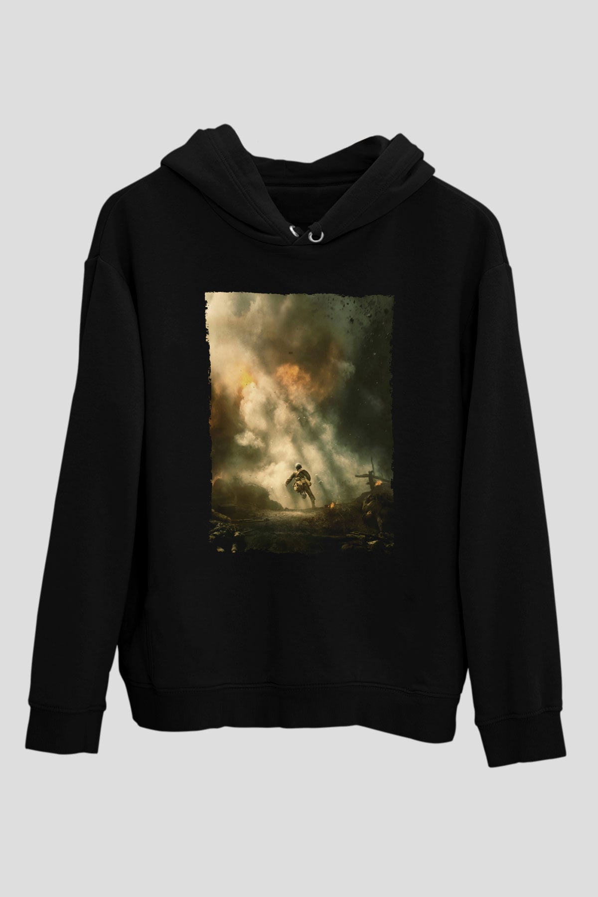 Unisex Savaş Vadisi (Hacksaw Ridge) Baskılı Siyah Kapüşonlu Sweatshirt