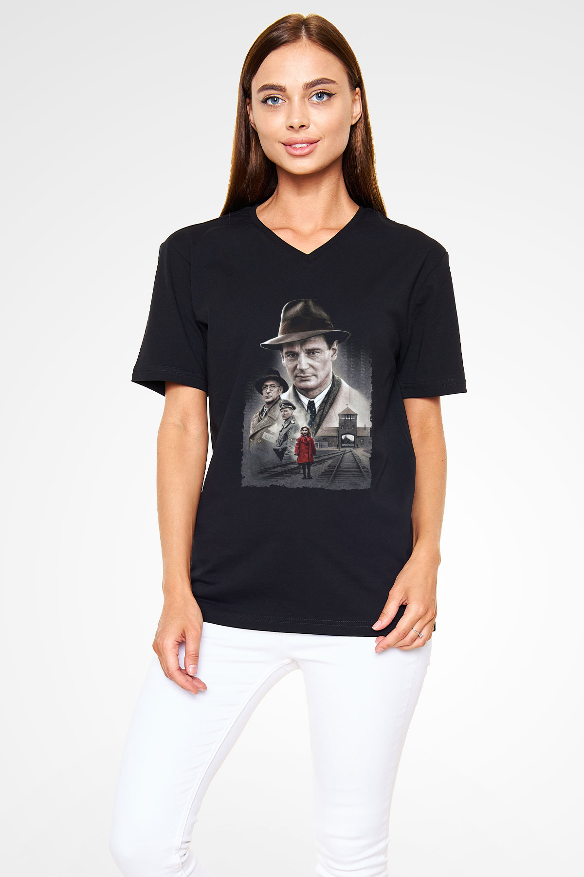 Unisex Schindlerin Listesi (Schindlers List) Baskılı Siyah V Yaka T-shirt
