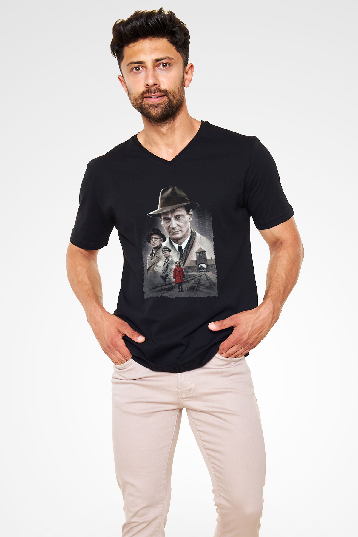 Unisex Schindlerin Listesi (Schindlers List) Baskılı Siyah V Yaka T-shirt