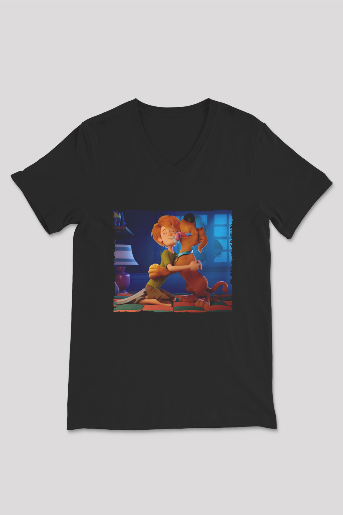 Unisex Scooby-Doo Baskılı Siyah V Yaka Tişört
