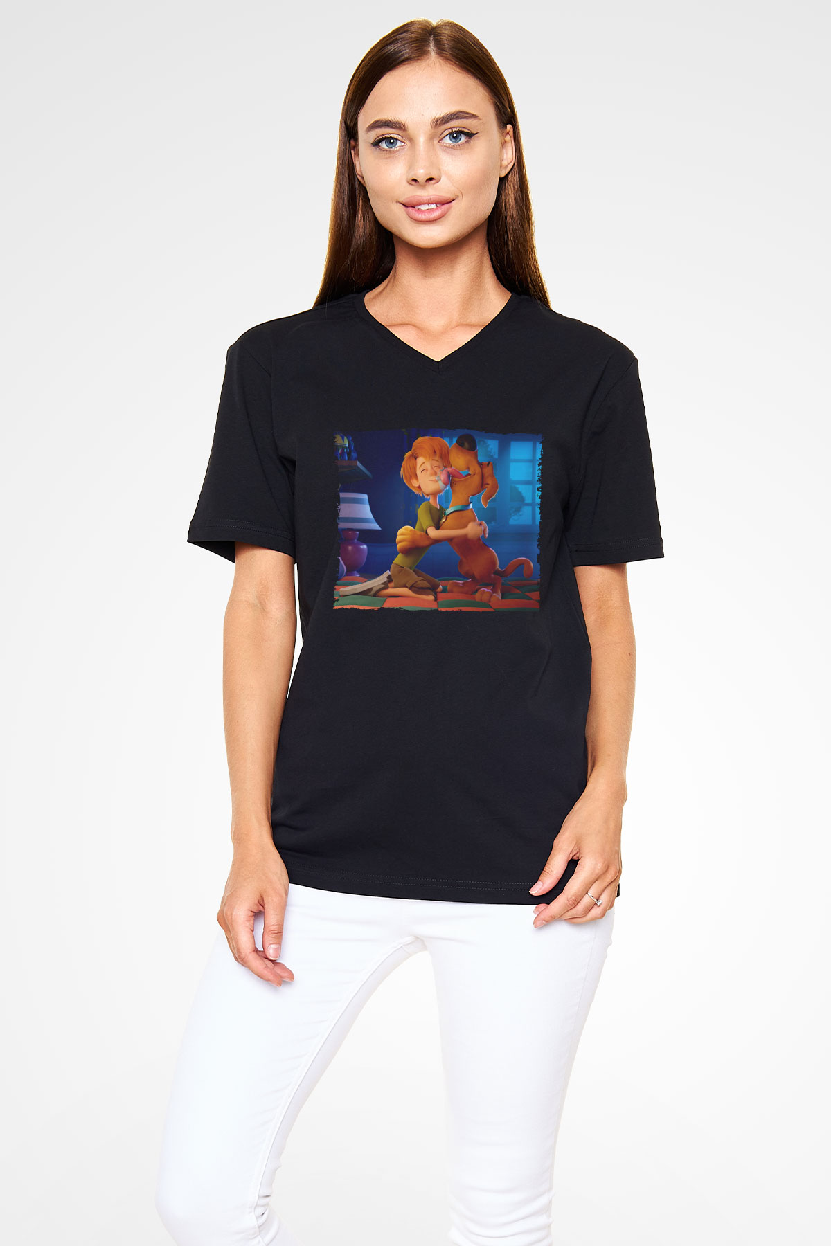 Unisex Scooby-Doo Baskılı Siyah V Yaka Tişört