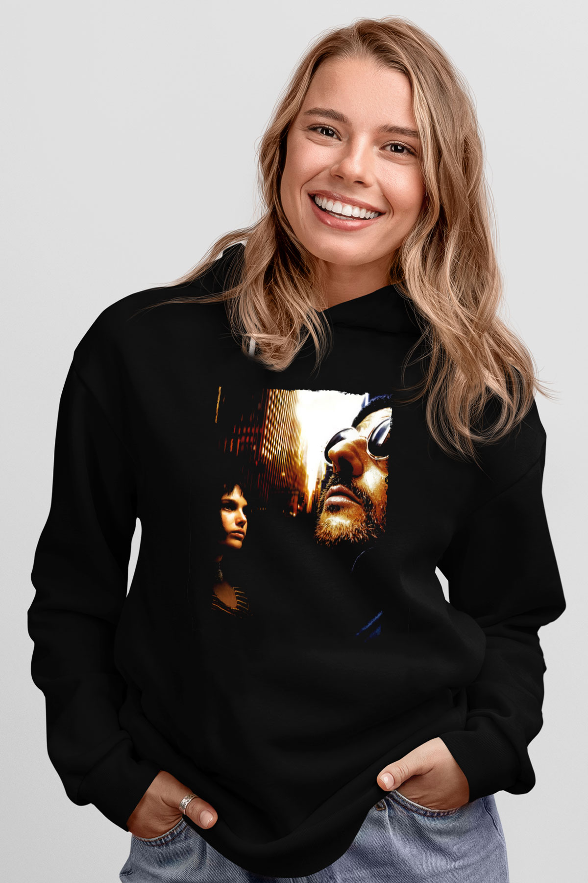 Unisex Sevginin Gücü (Léon) Baskılı Siyah Kapüşonlu Sweatshirt