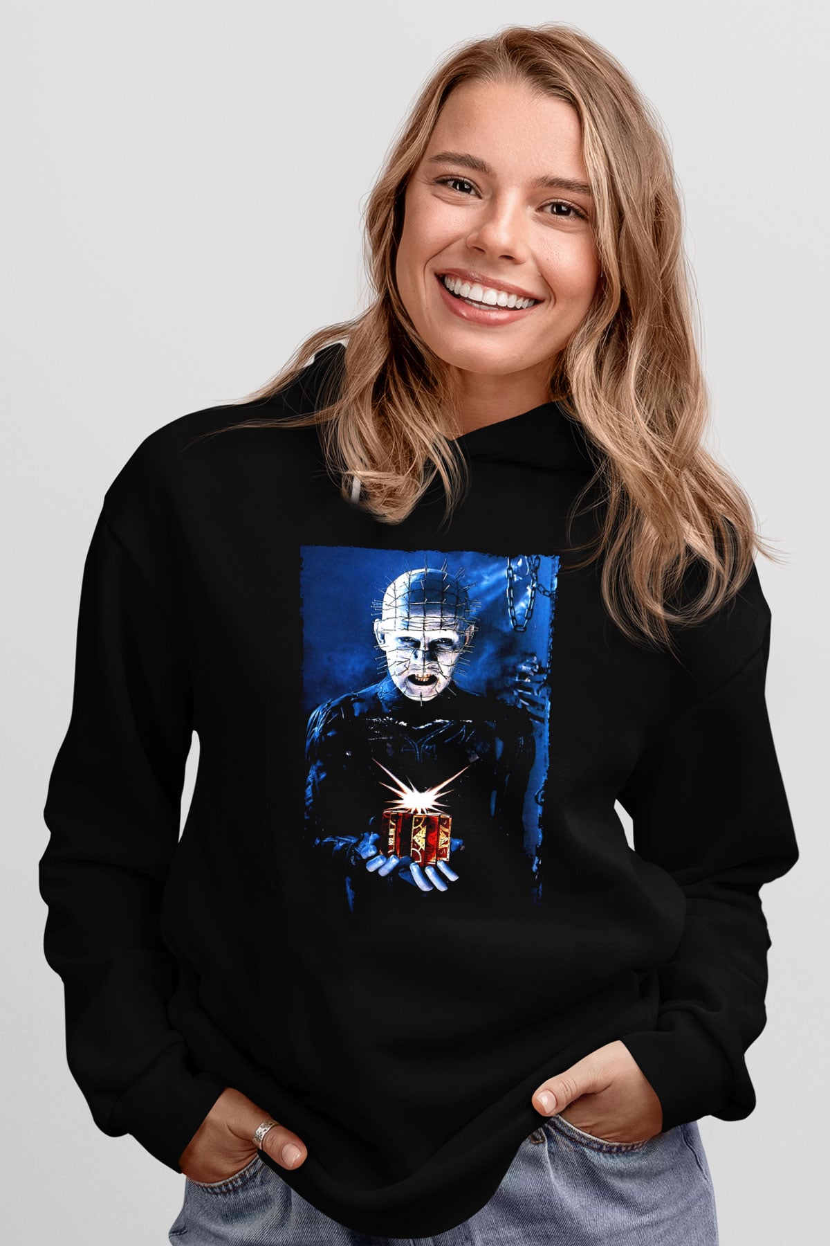 Unisex Şeytan Pusuda Bekliyor (Hellraiser) Baskılı Siyah Kapüşonlu Sweatshirt