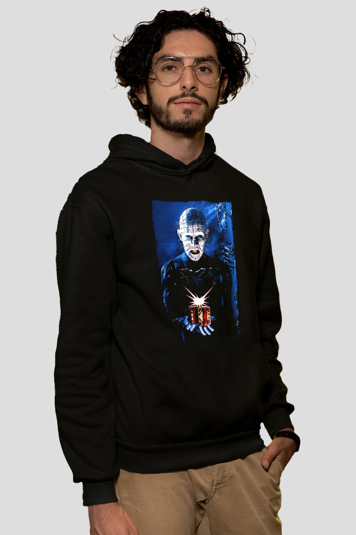 Unisex Şeytan Pusuda Bekliyor (Hellraiser) Baskılı Siyah Kapüşonlu Sweatshirt