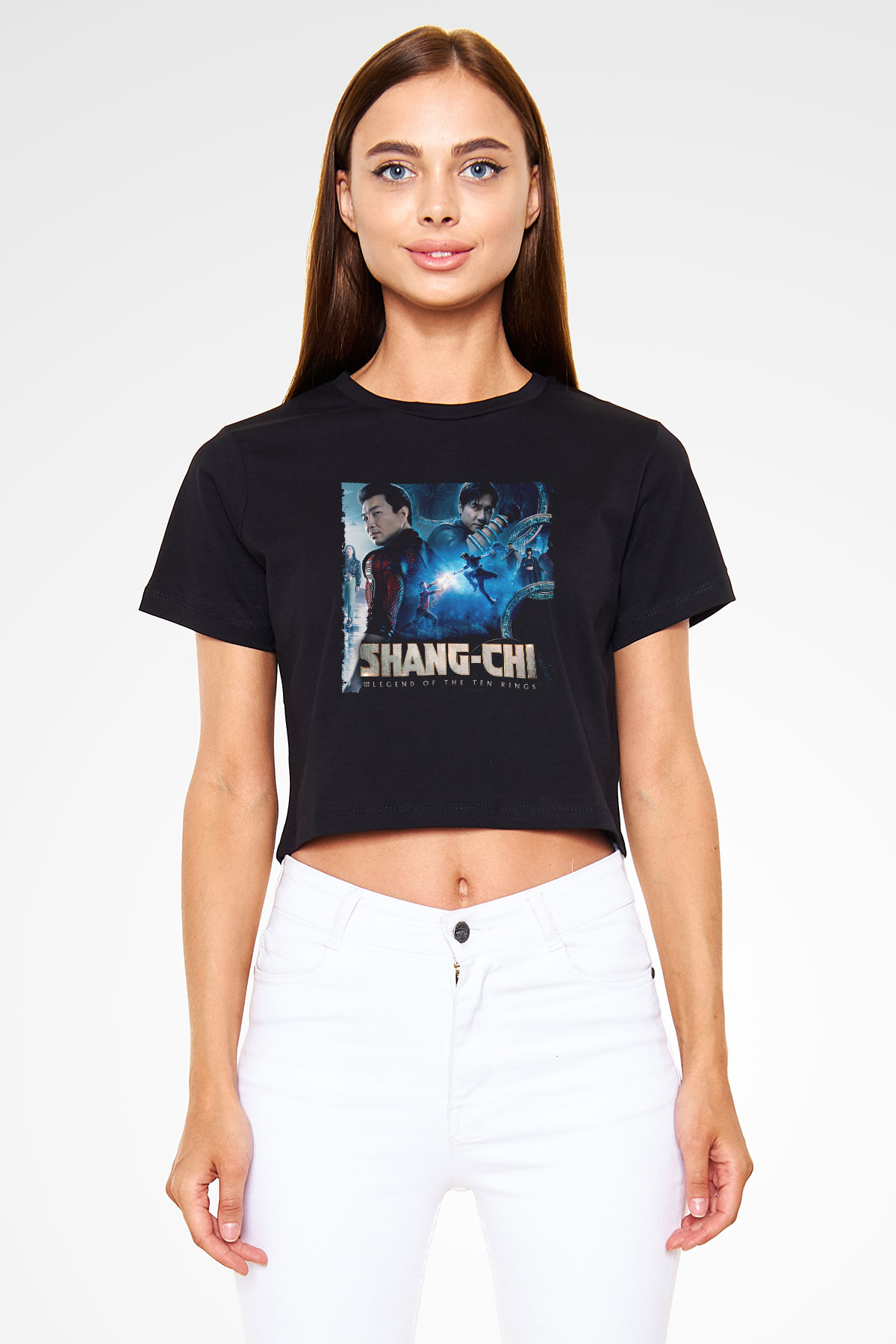 Unisex Shang-Chi ve On Halka Efsanesi (Shang-Chi and the Legend of the Ten Rings) Baskılı Siyah Crop Top Tişört