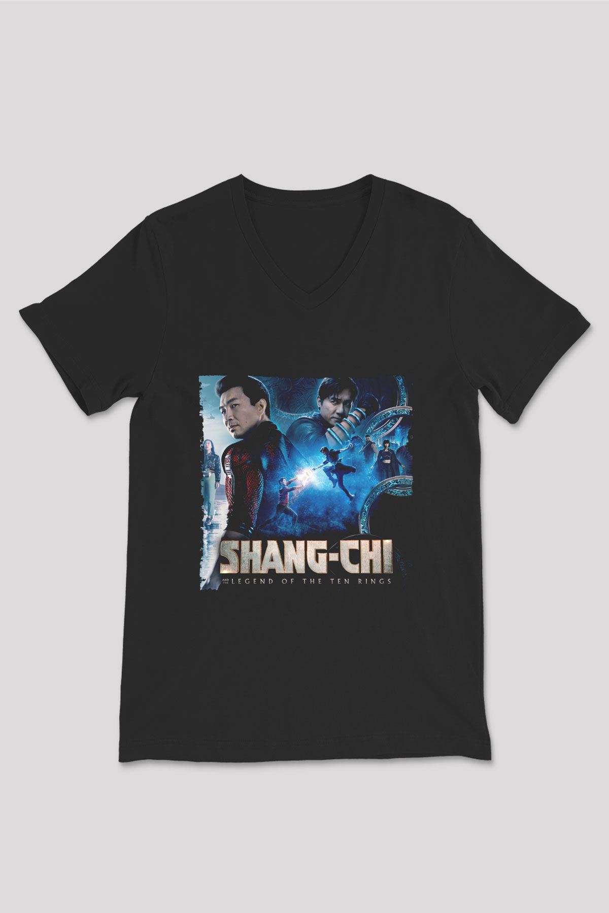 Unisex Shang-Chi ve On Halka Efsanesi (Shang-Chi and the Legend of the Ten Rings) Baskılı Siyah V Yaka Tişört