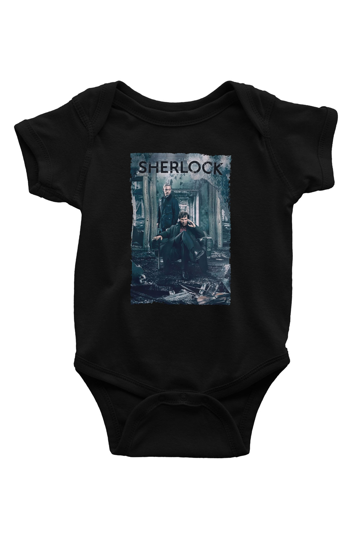 Unisex Sherlock Baskılı Siyah Bebek Body - Zıbın
