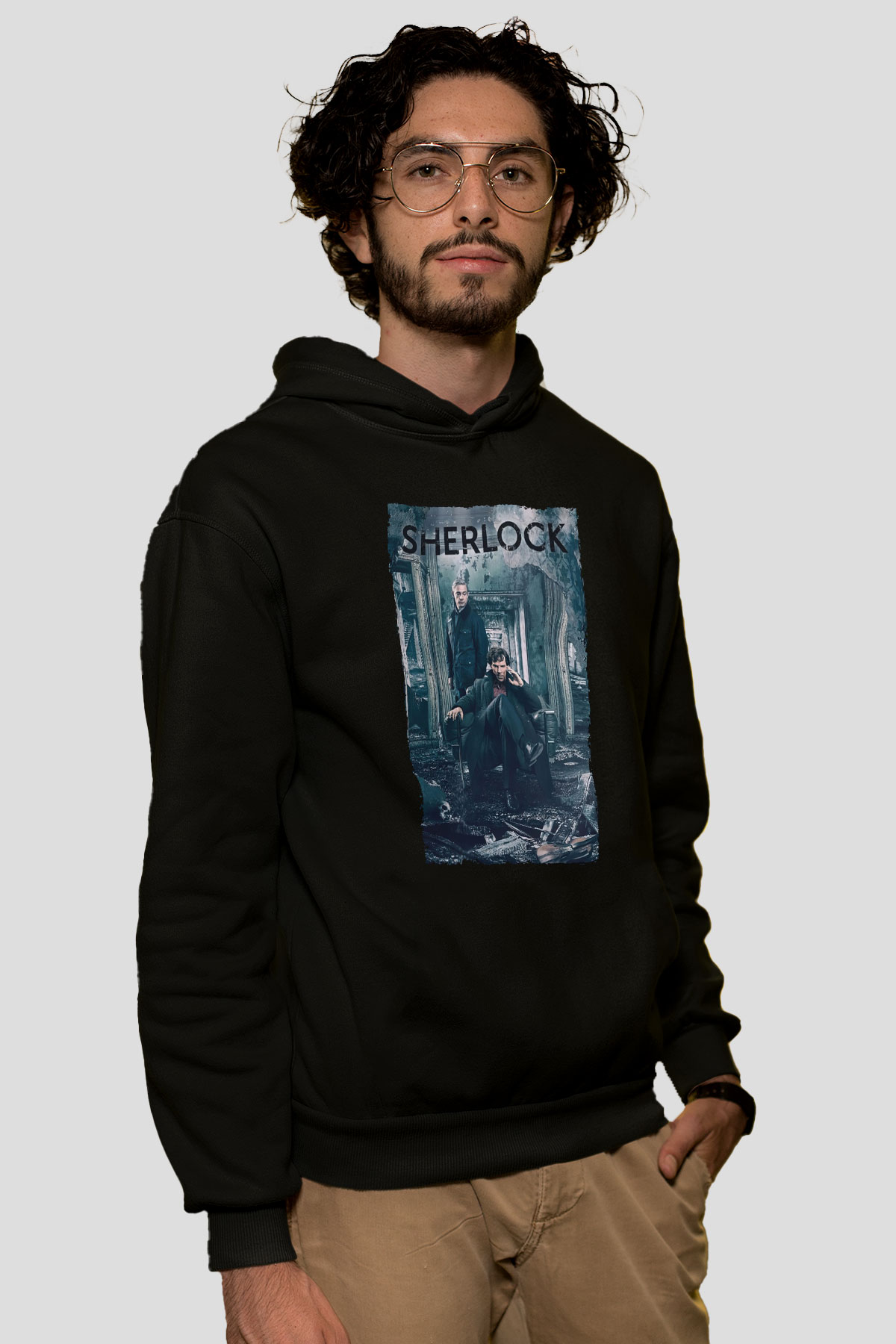 Unisex Sherlock Baskılı Siyah Kapüşonlu Sweatshirt