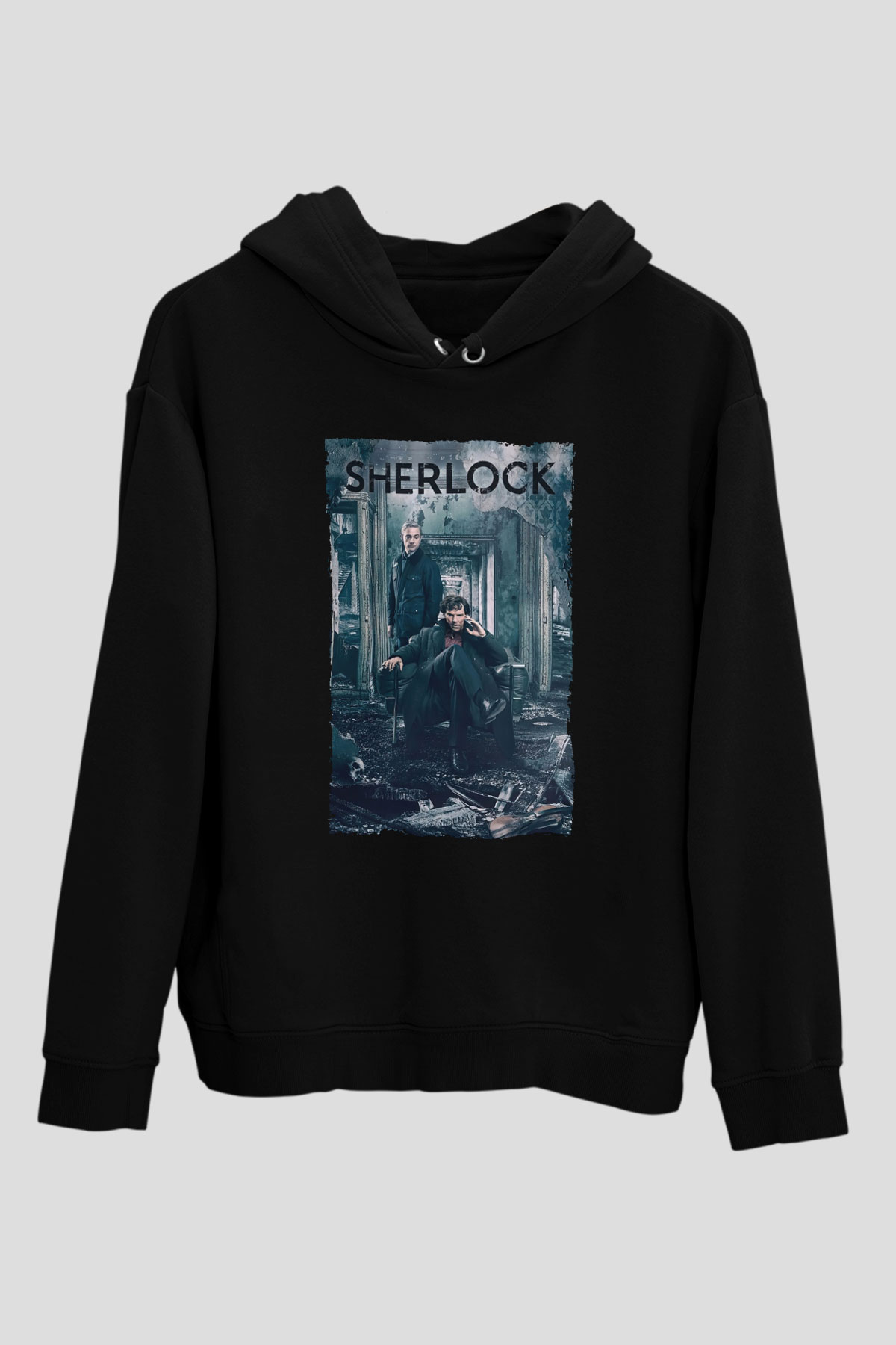 Unisex Sherlock Baskılı Siyah Kapüşonlu Sweatshirt