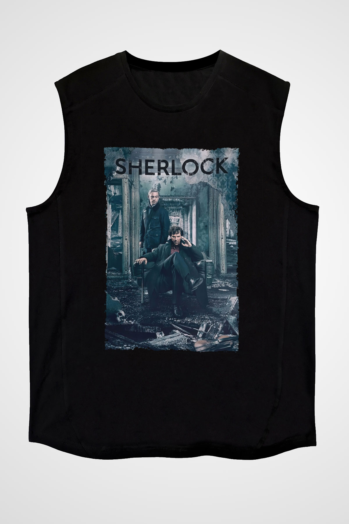 Unisex Sherlock Baskılı Siyah Kolsuz Tshirt