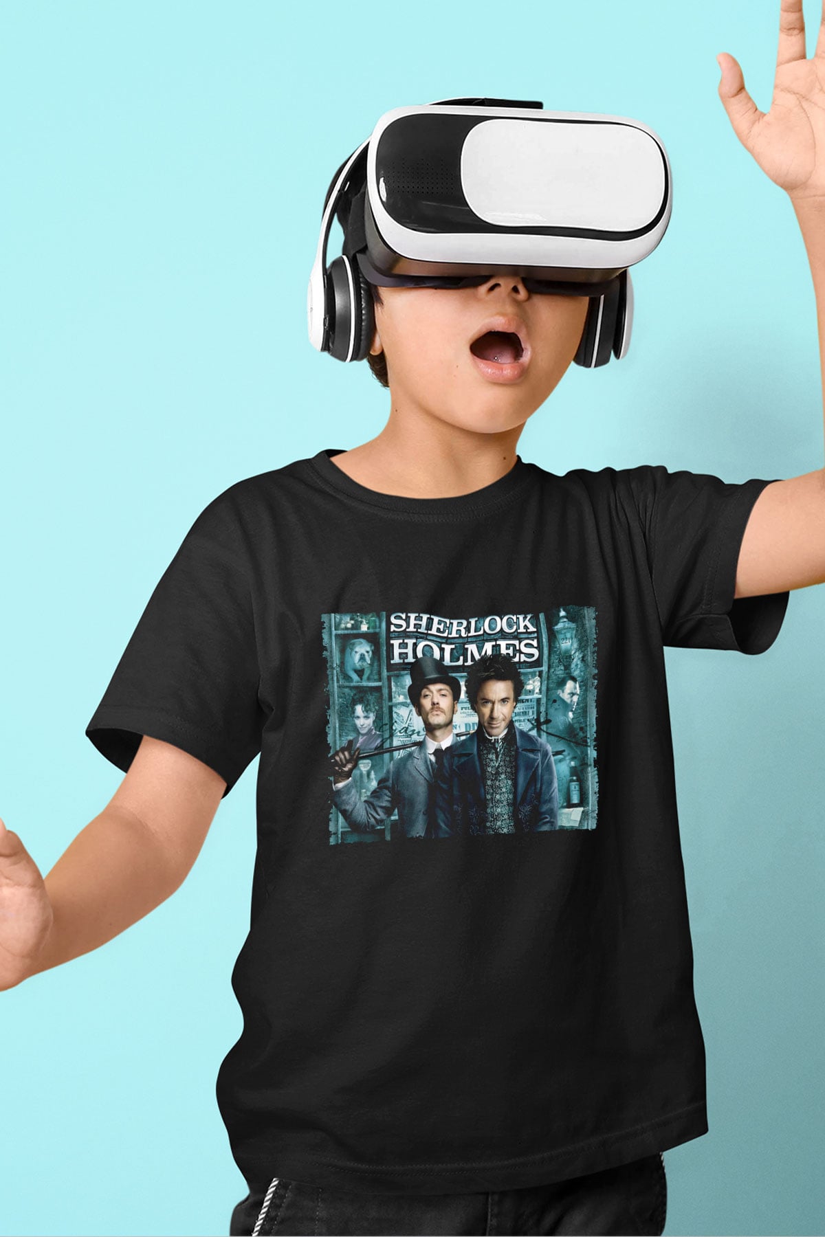 Unisex Sherlock Holmes Baskılı Siyah Çocuk Tshirt