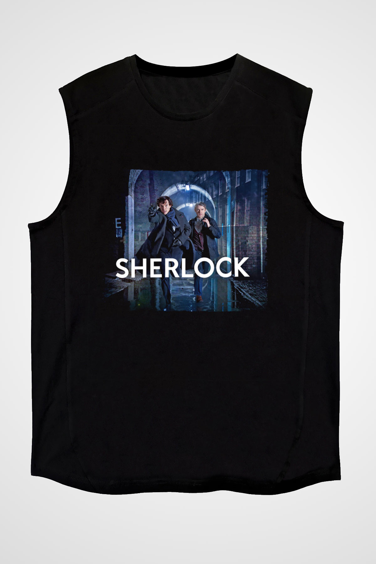 Unisex Sherlock Holmes Baskılı Siyah Kolsuz T-shirt