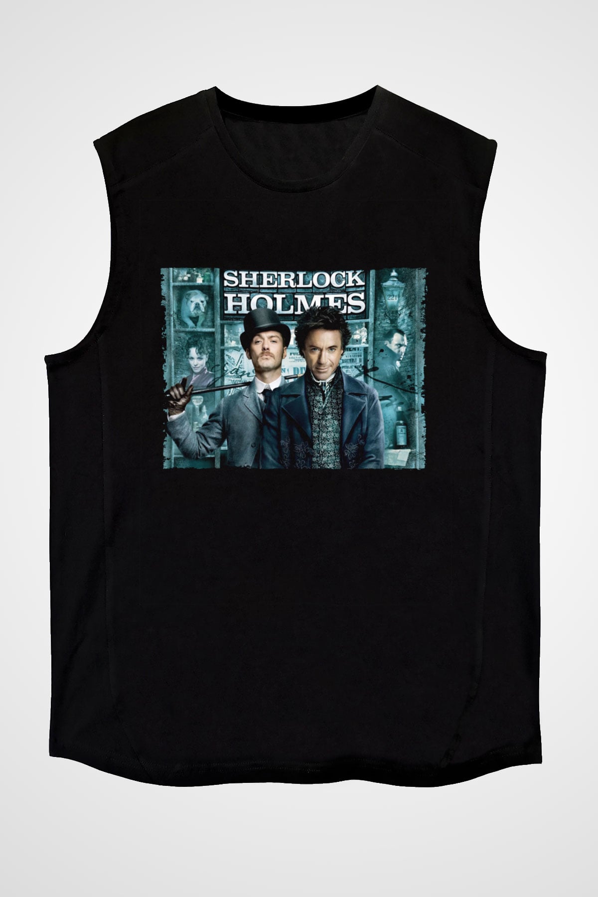 Unisex Sherlock Holmes Baskılı Siyah Kolsuz Tshirt
