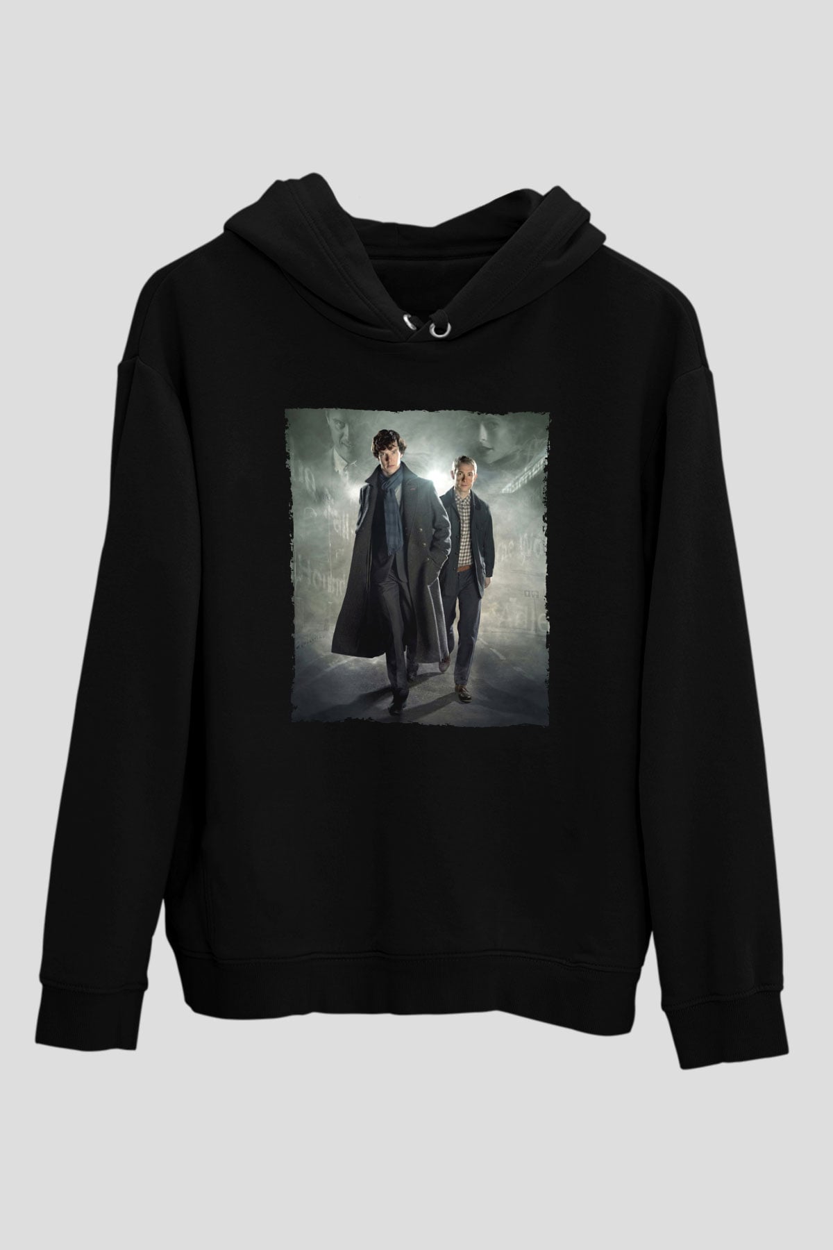 Unisex Sherlock Holmes Baskılı Siyah Kapüşonlu Sweatshirt