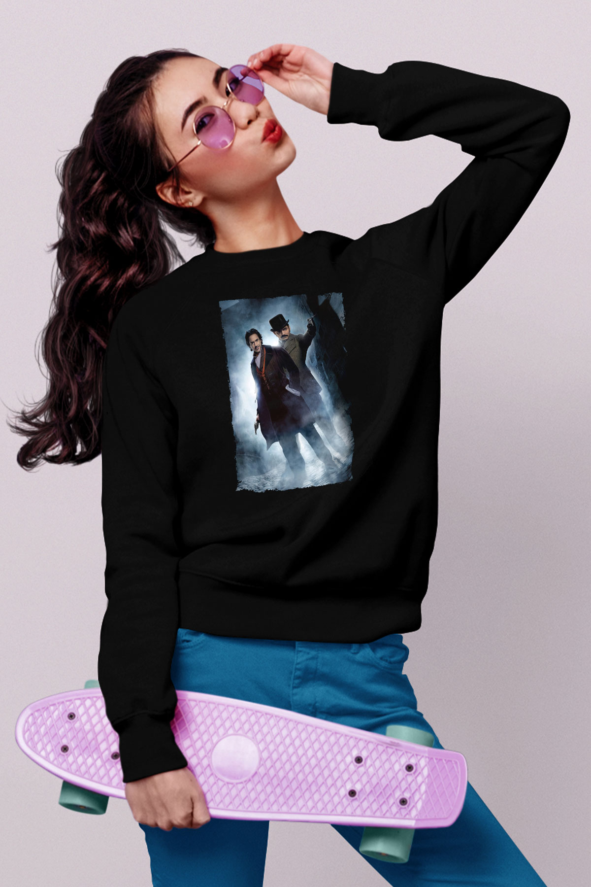 Unisex Sherlock Holmes Gölge Oyunları (Sherlock Holmes A Game of Shadows) Baskılı Siyah Sweatshirt