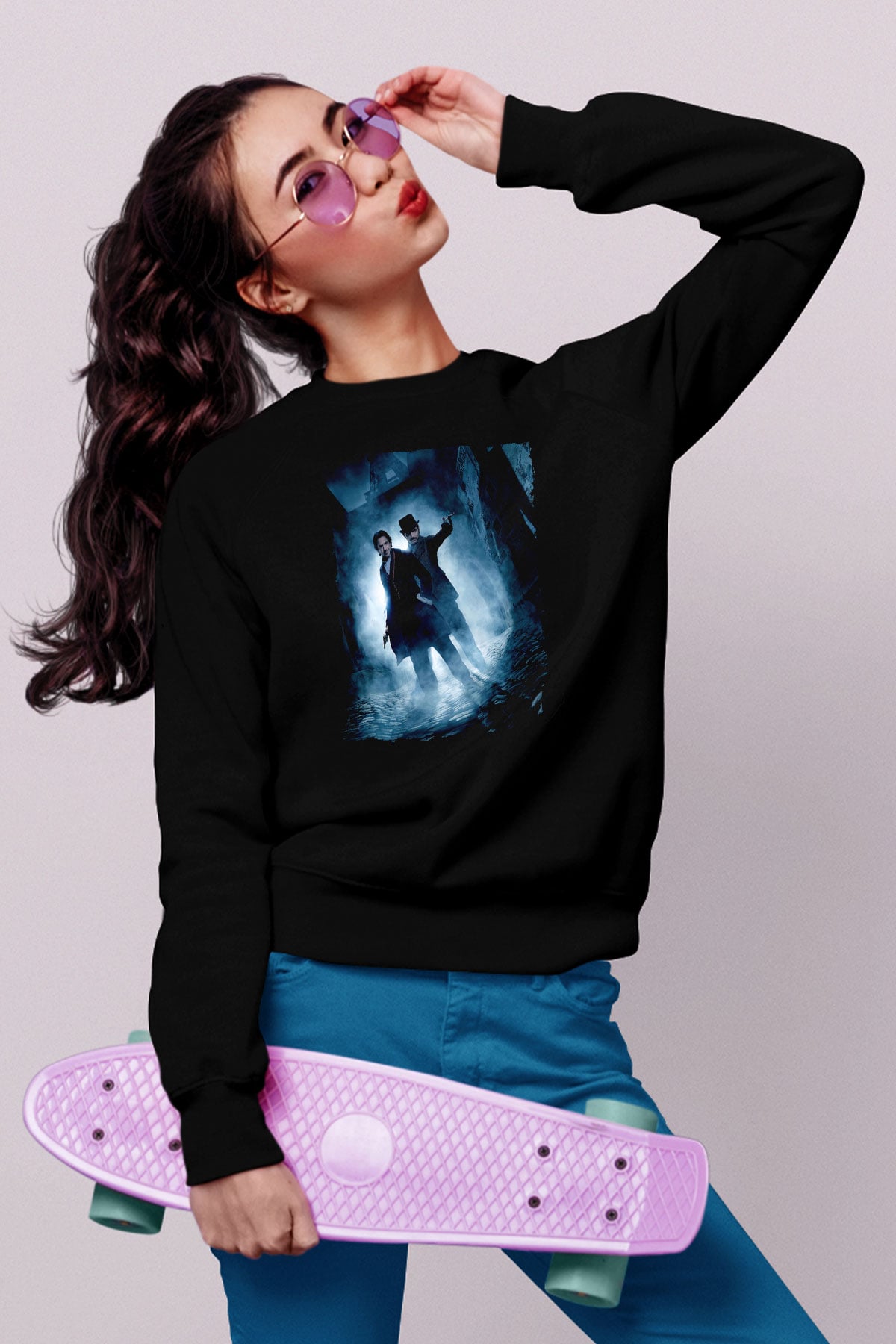 Unisex Sherlock Holmes Gölge Oyunları (Sherlock Holmes A Game of Shadows) Baskılı Siyah Sweatshirt