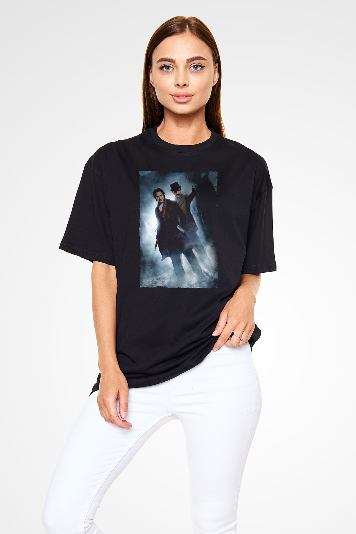 Unisex Sherlock Holmes Gölge Oyunları (Sherlock Holmes A Game of Shadows) Baskılı Siyah Oversize Tshirt
