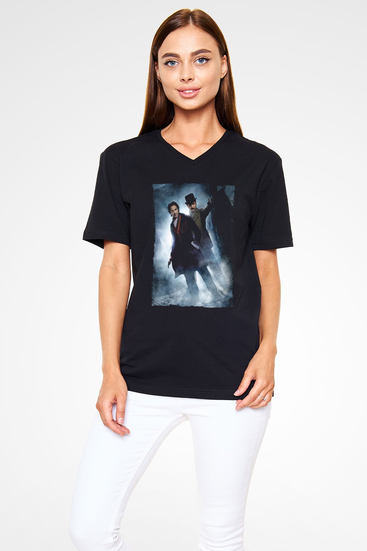 Unisex Sherlock Holmes Gölge Oyunları (Sherlock Holmes A Game of Shadows) Baskılı Siyah V Yaka Tshirt